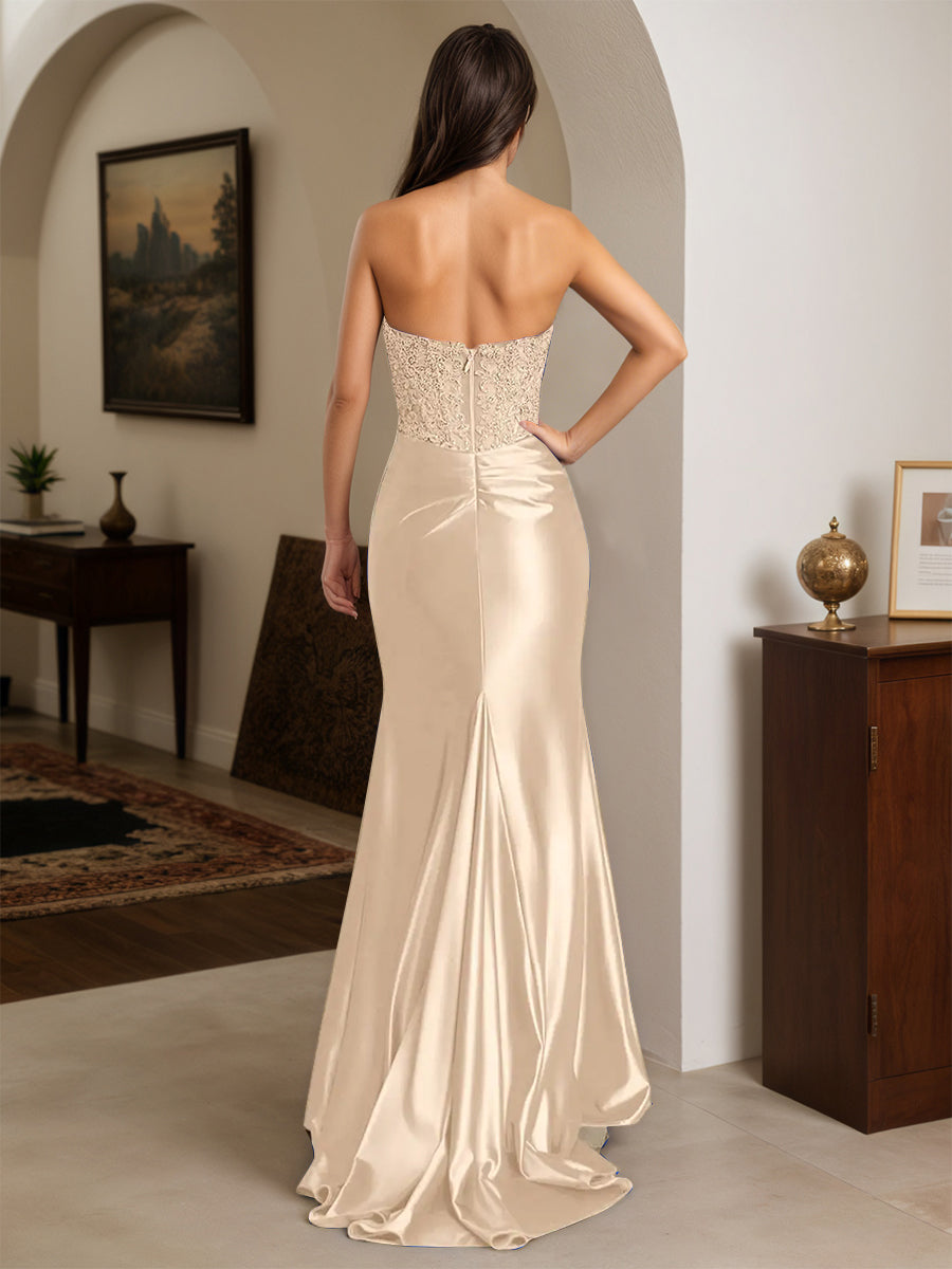 Cicinia Champagne Prom Dresses Stretch Satin Trumpet Strapless Appliques Slit Lace Evening Dress