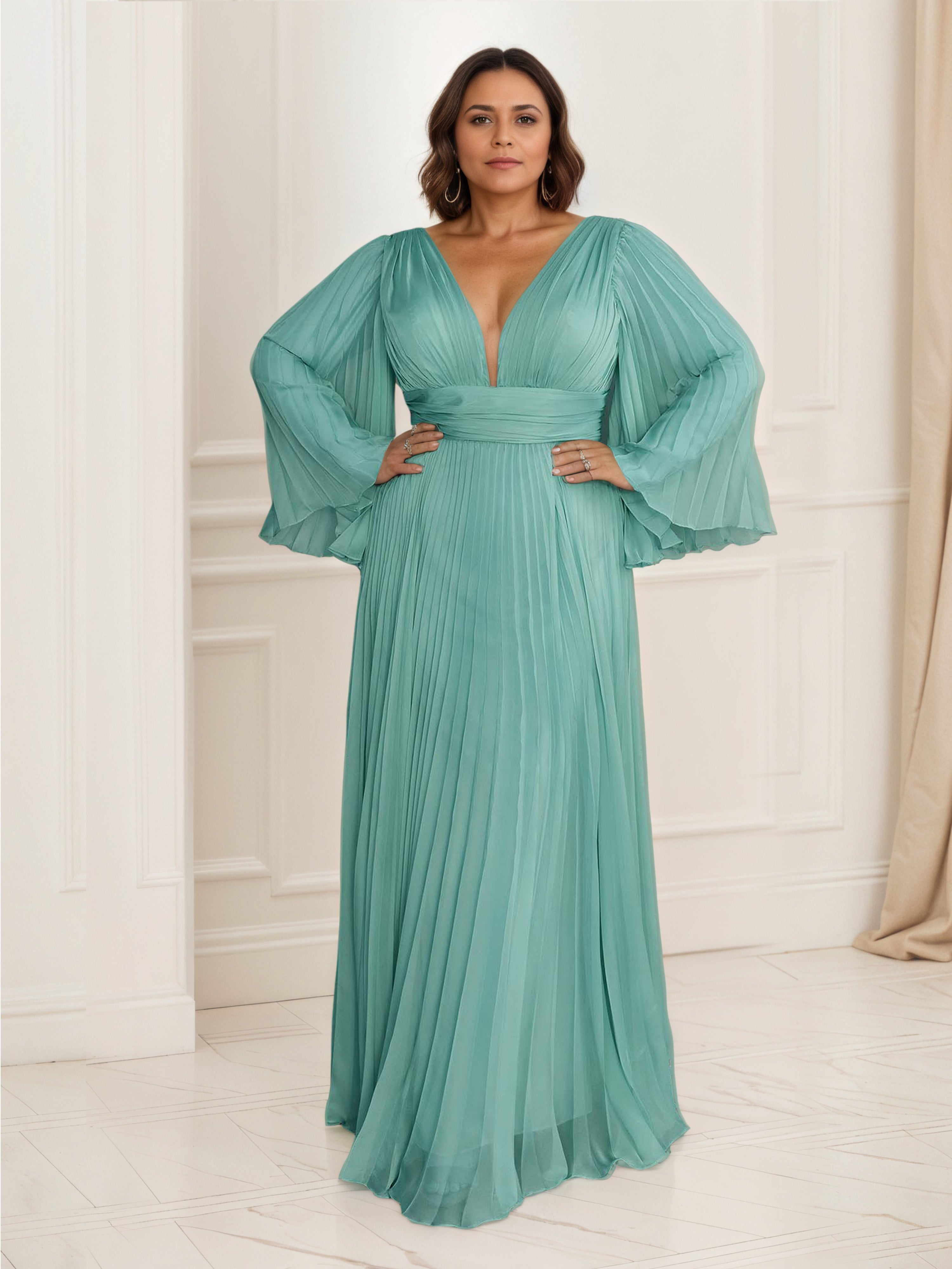 Chiffon Jade Green Prom Pleated Long Sleeves A-Line Prom Dress
