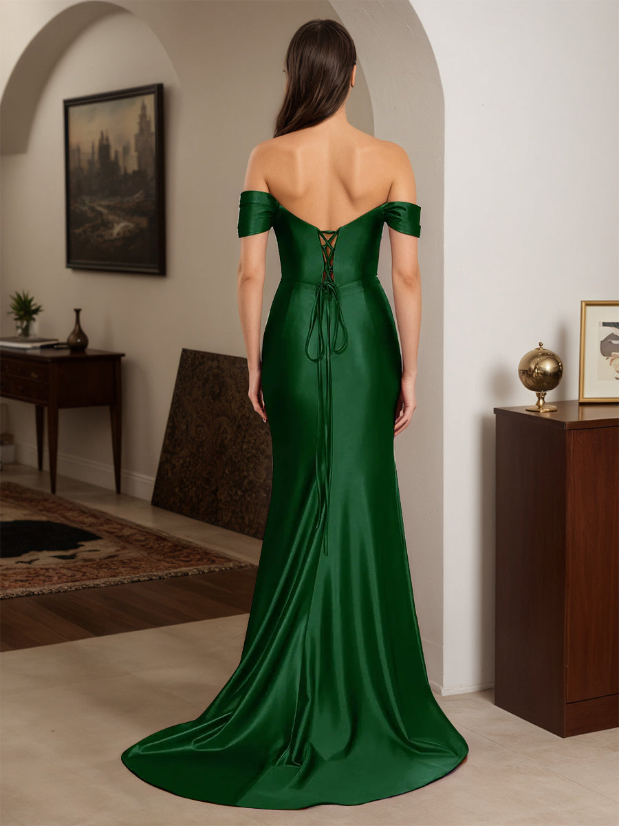 Cicinia Dark Green Prom Dresses Off The Shoulder Trumpet Beading Strapless Sweep Train Gown