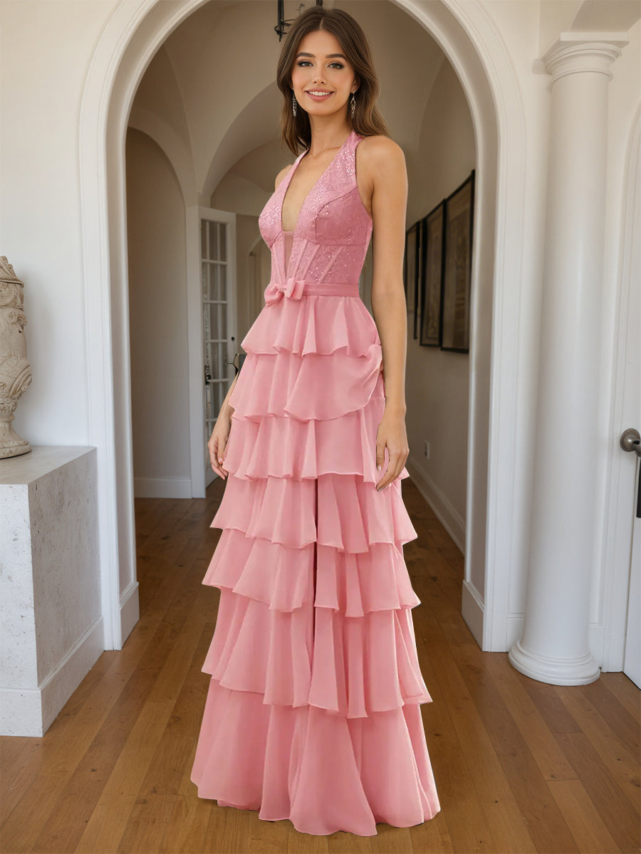 Cicinia Pink Prom Dresses Long Halter A-Line Chiffon Backless Sleeveless Layers Prom Gowns