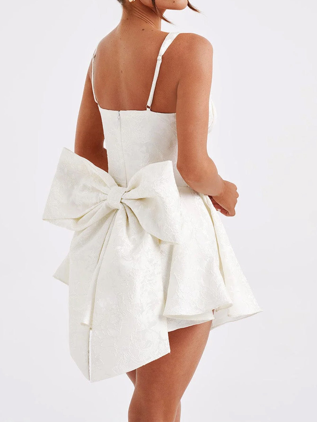 Ivory Floral Straps Mini Dress Square Neckline Sleeveless Wedding Guest Dress with Bowknot