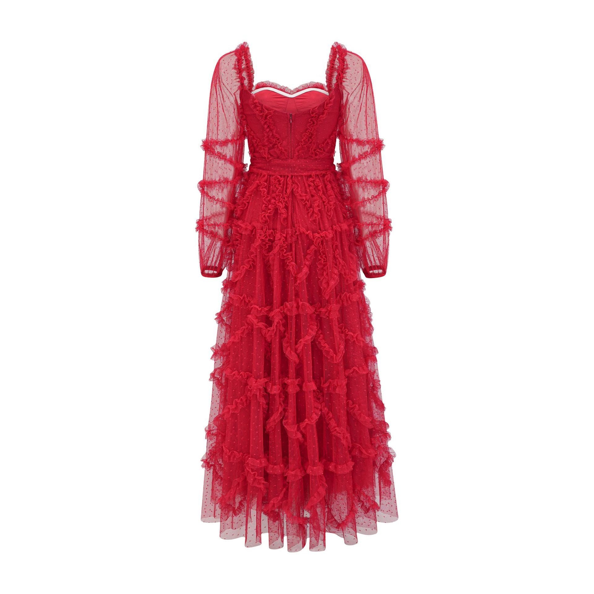 Red Sweetheart Polka Dot Tulle Long Sleeve Maxi Prom Dress with Bowknot