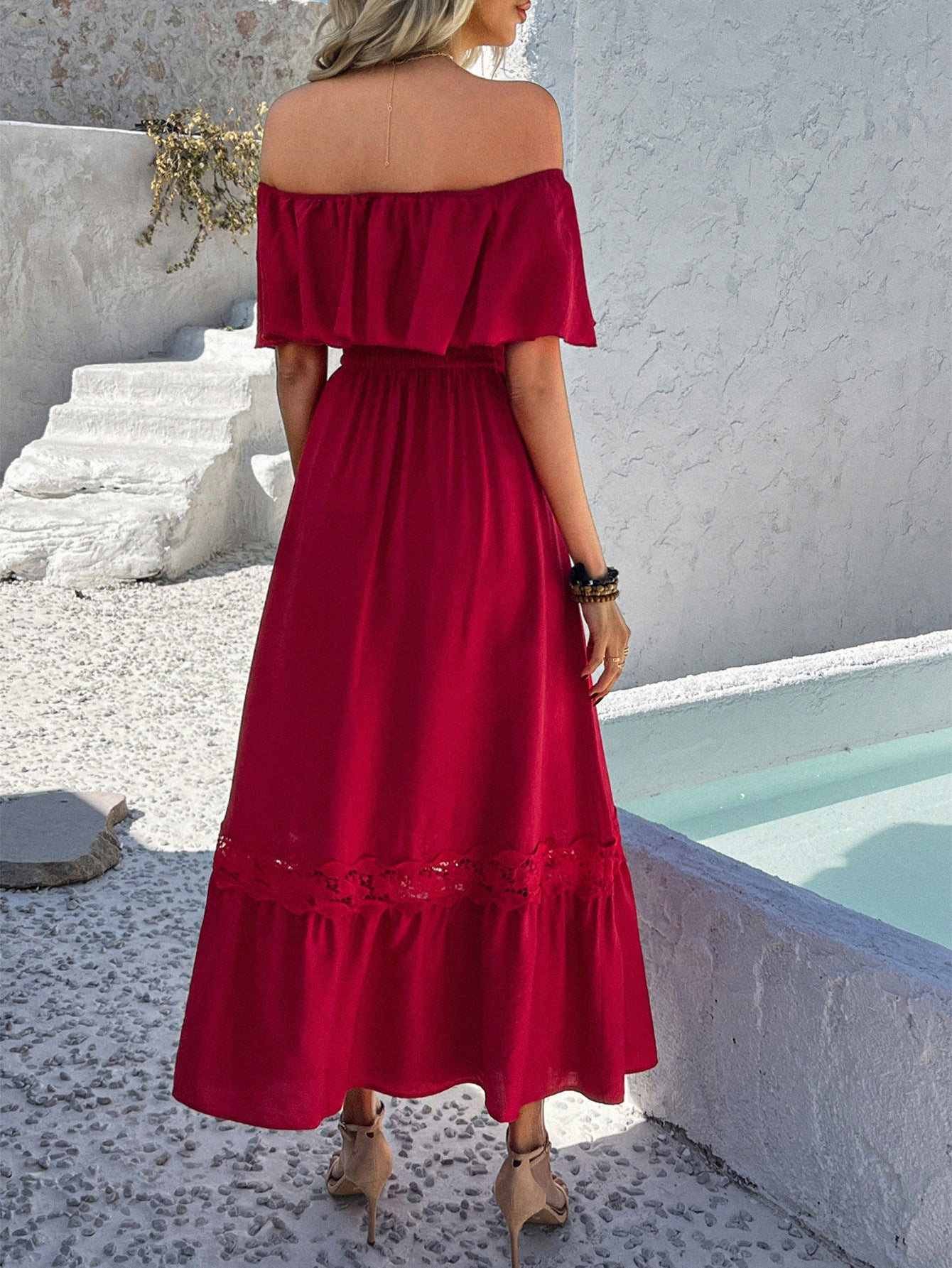 One Shoulder Short Sleeves Red Ruffle Bodice Wedding Guest Dress