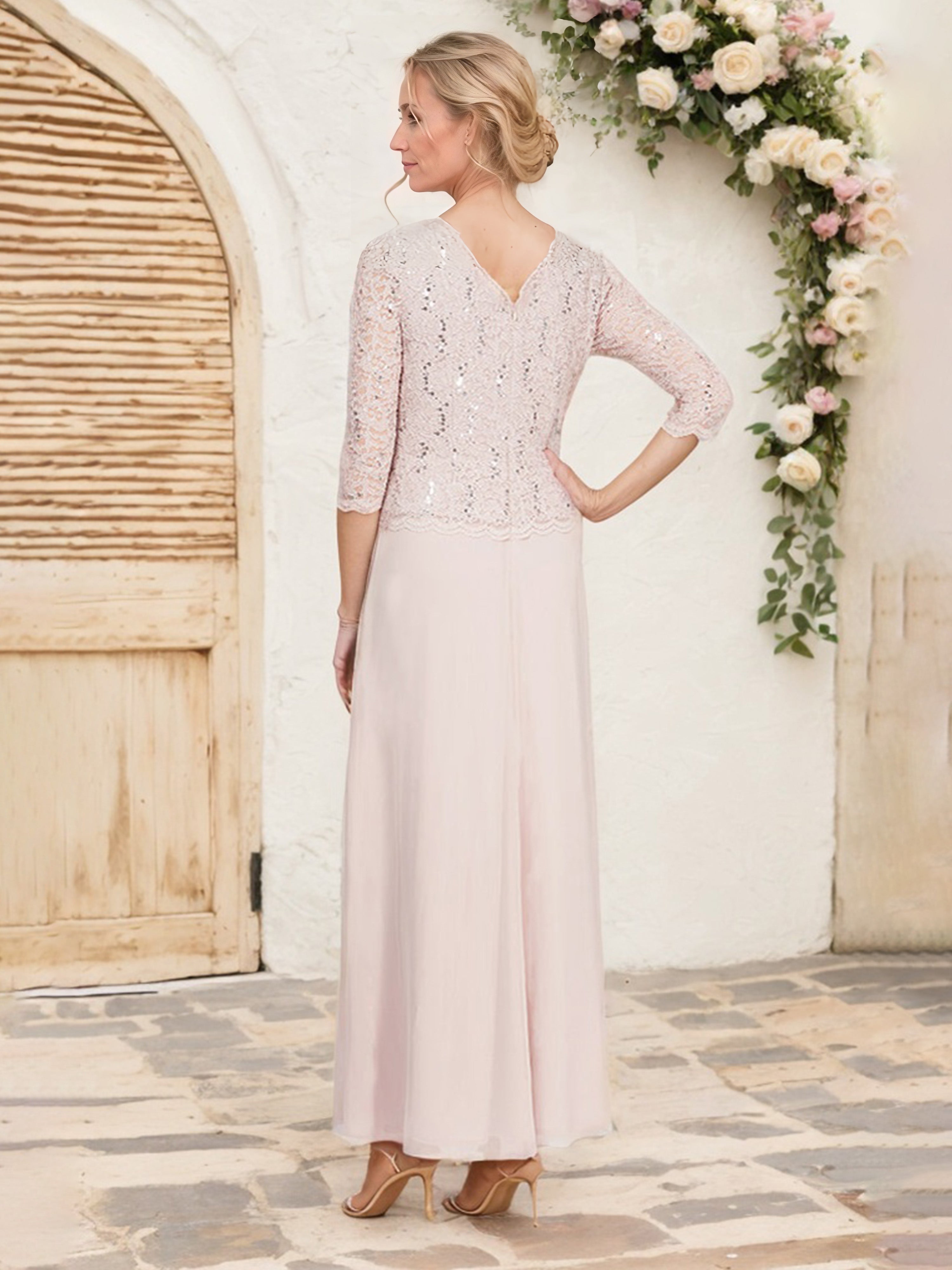2 Pieces V Neck A Line Sleeves Pearl Pink Mother Of Groom Dresses Suits