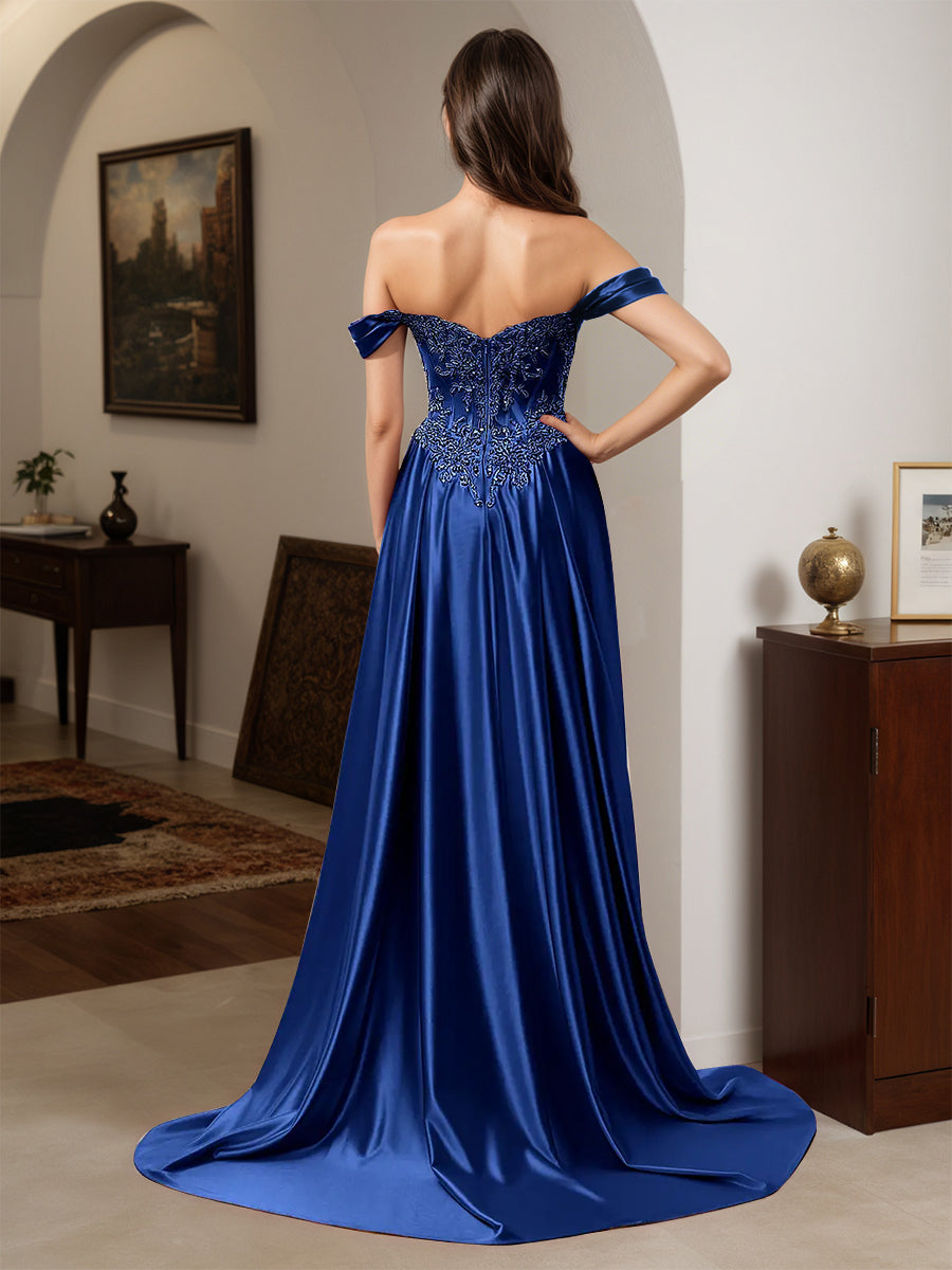 Cicinia Royal Blue Prom Dresses Appliques Lace Off The Shoulder Sheath Dress wiith Sweep Train