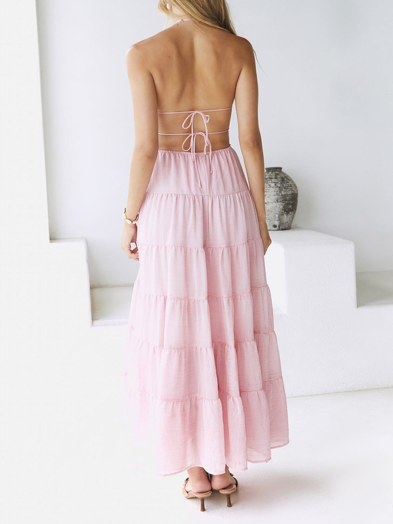 Halter Blushing Pink Sleeveless Ankle length Wedding Guest Dress with Open Back