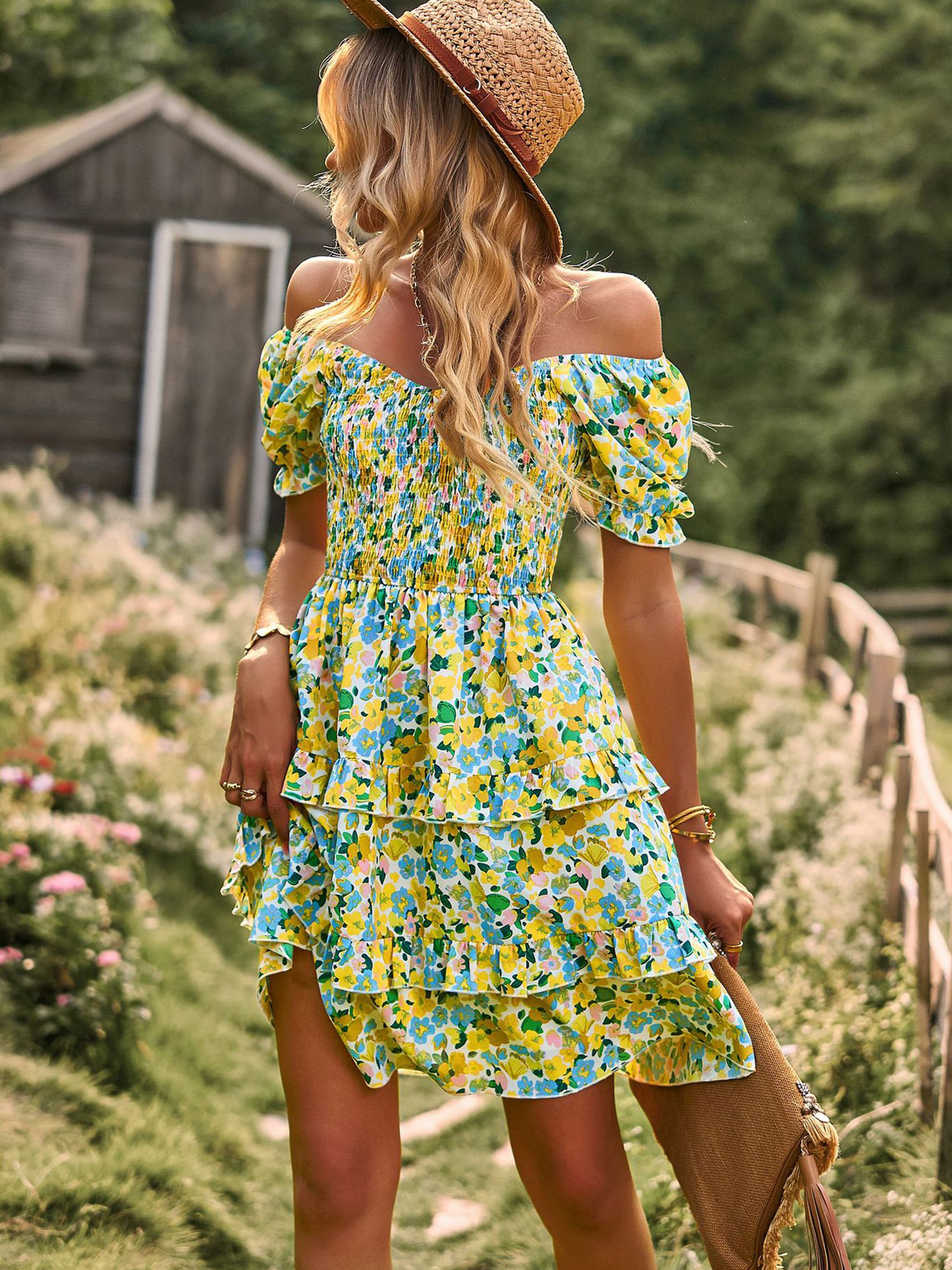 Yellow Floral Off The Shoulder Short Sleeves Layers Wedding Guest Dress