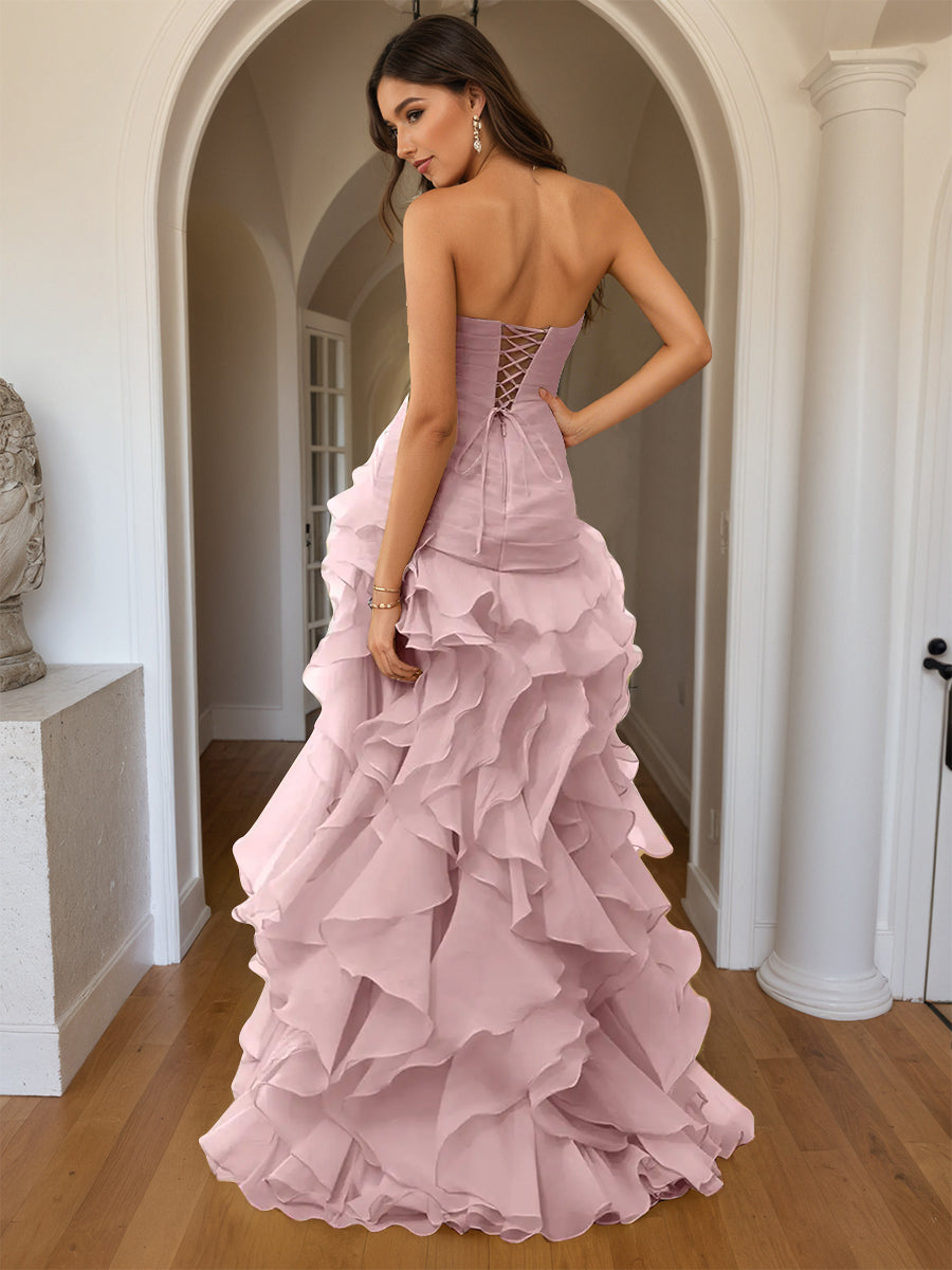 Cicinia Dusty Rose Prom Dresses Sheath Slit Strapless Sleeveless Layers Ruffles Side Gowns