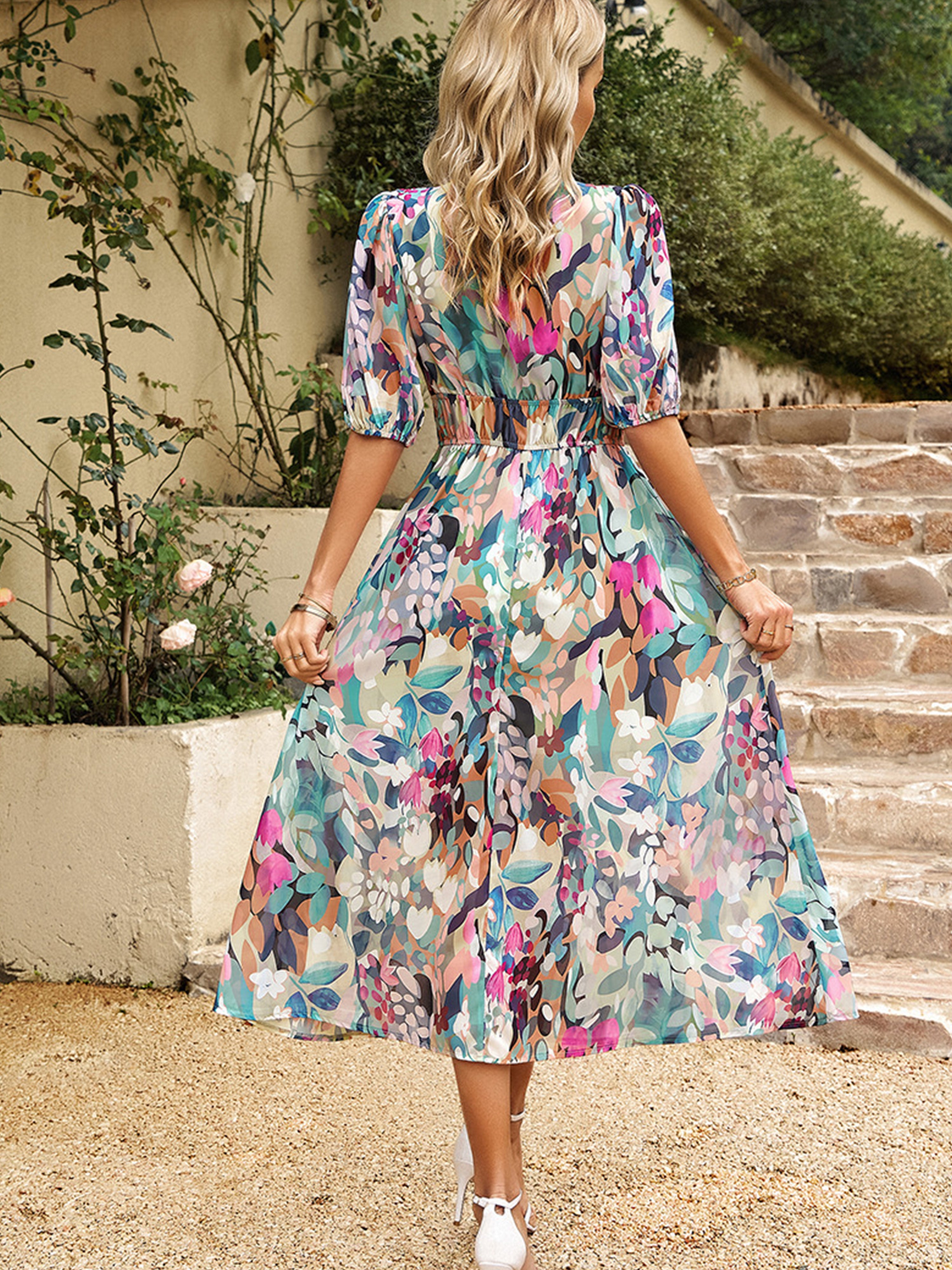 V Neck Ankle Length Short Sleeves Floral Wedding Guest Dress