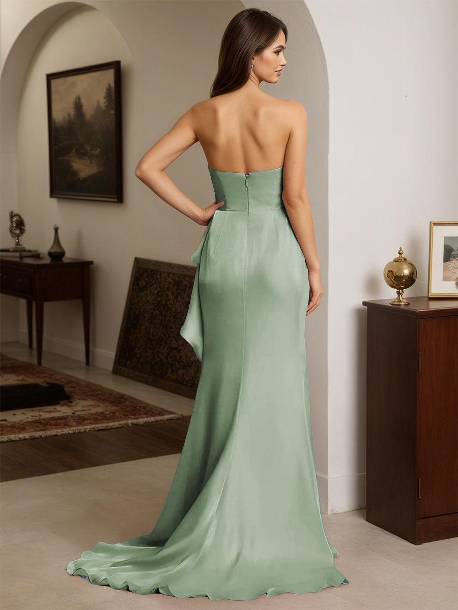 Cicinia Dusty Sage Prom Dresses Strapless Sheath Slit Party Dress with Sweep Train