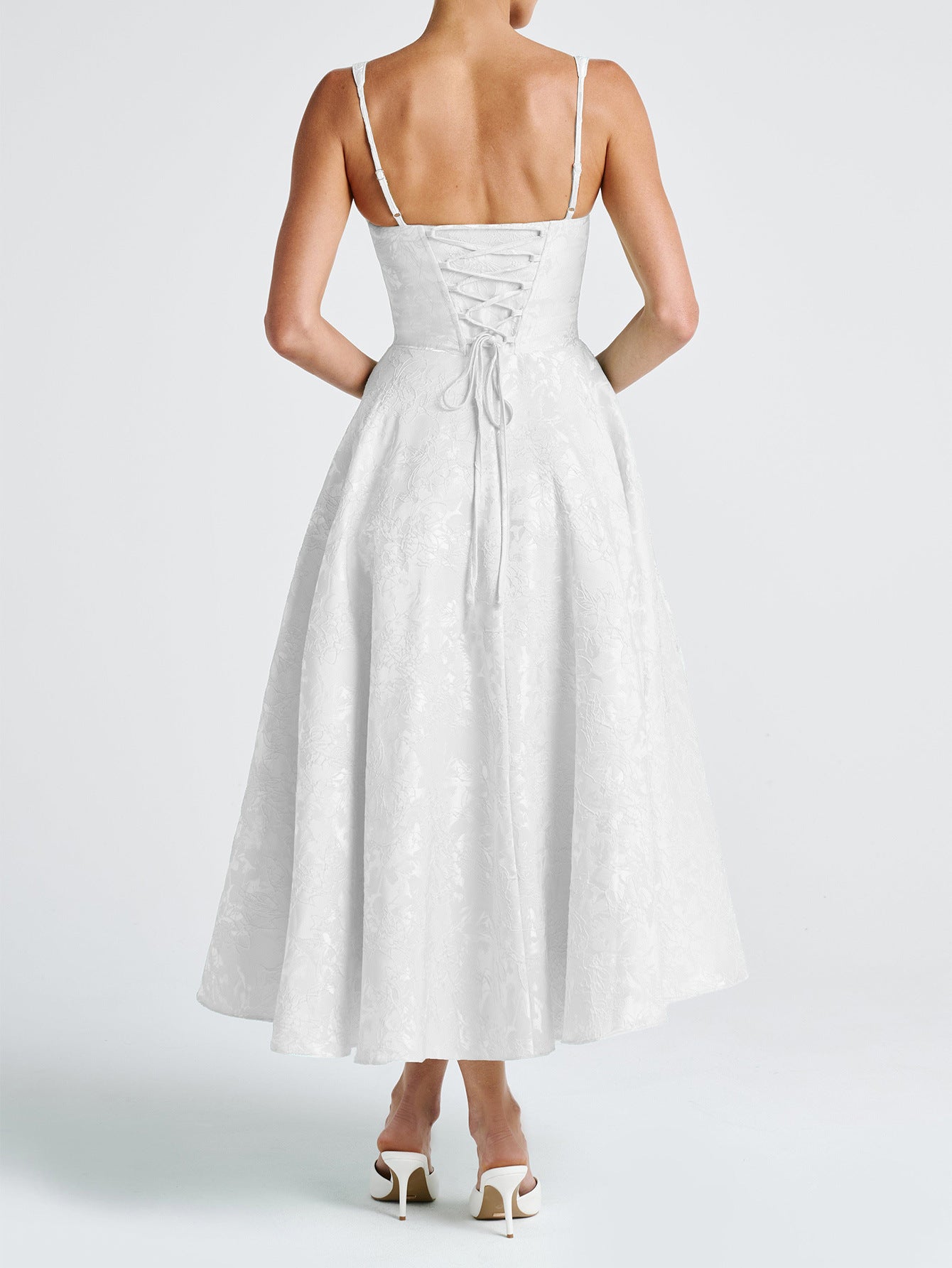 Elegant Straps Illusion Neckline Ivory Floral Wedding Guest Dress