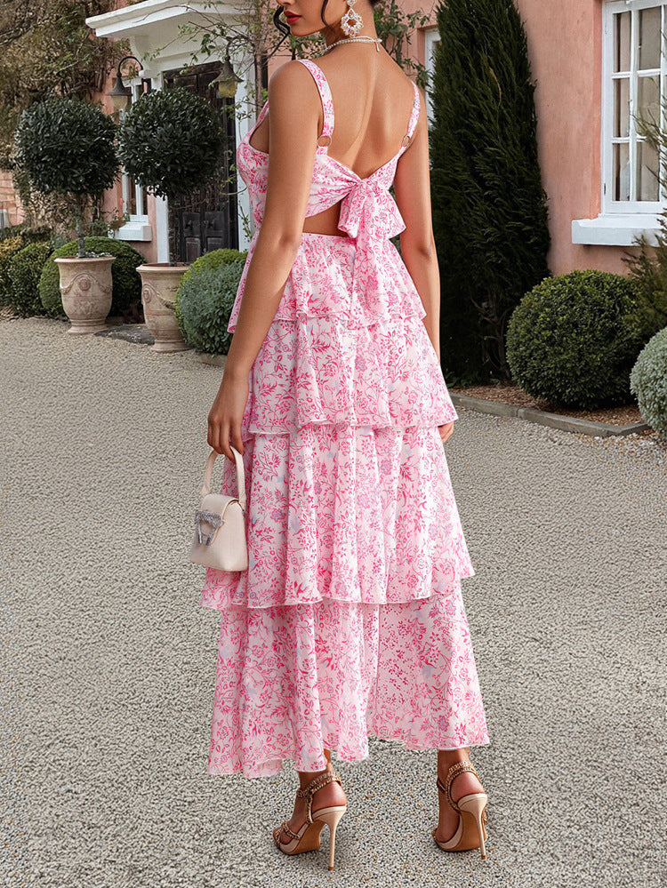 Straps Square Neckline Sleeveless Pink Layers Wedding Guest Dress