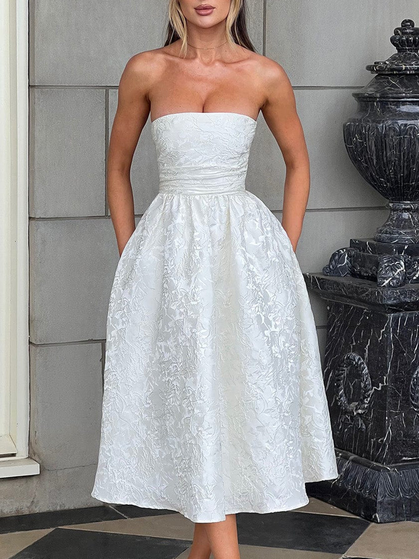 Empire Waist Strapless Printed Floral White Wedding Guest Dress
