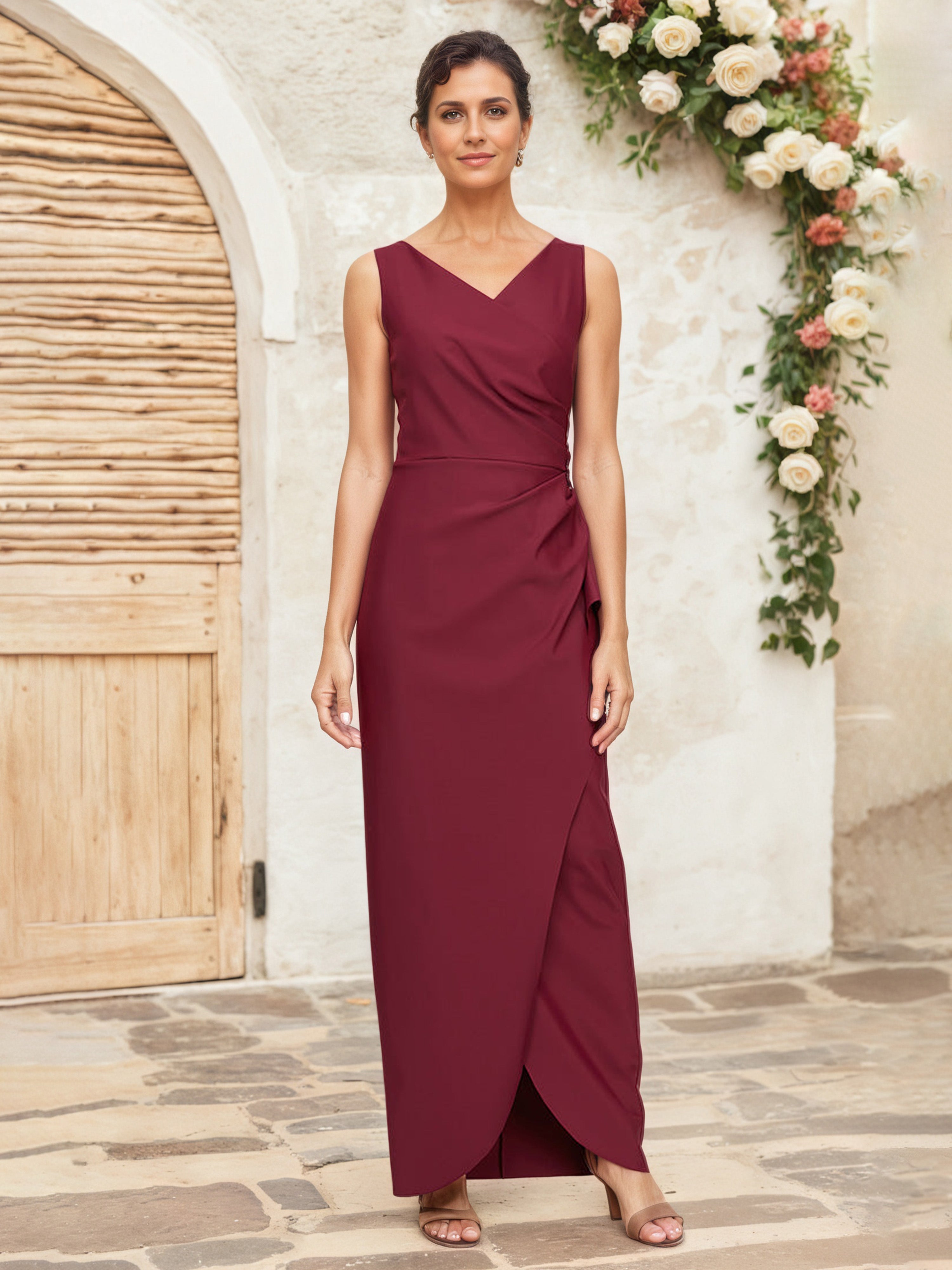 Sheath/Column Sleeveless V Neck Long Burgundy Mother Of The Bride Dres Sheath/Column Sleeveless V Neck Long Burgundy Mother Of The Bride Dres