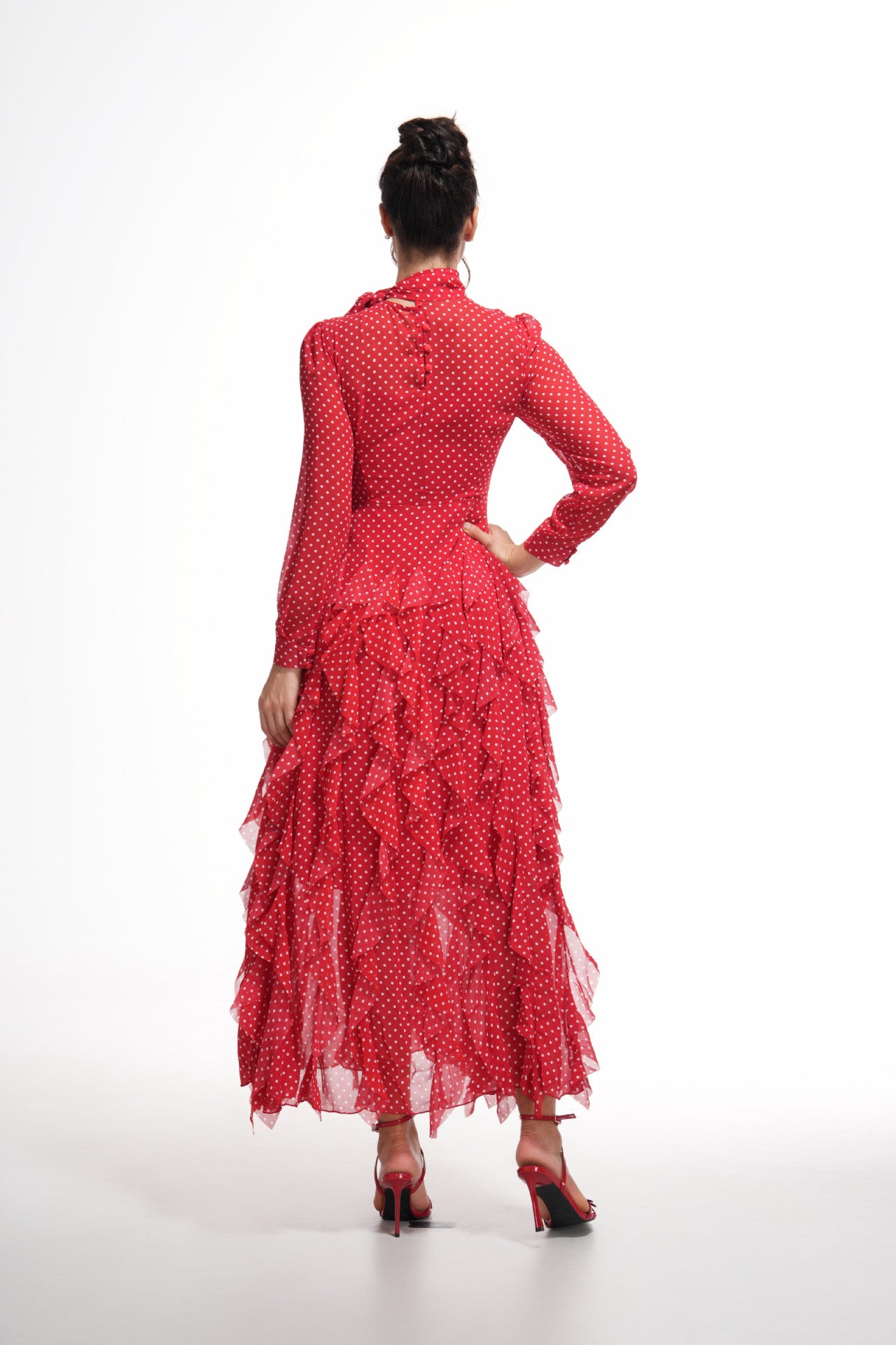 Red Temperament Polka Dot Half High Neck Long Sleeve Prom Dress