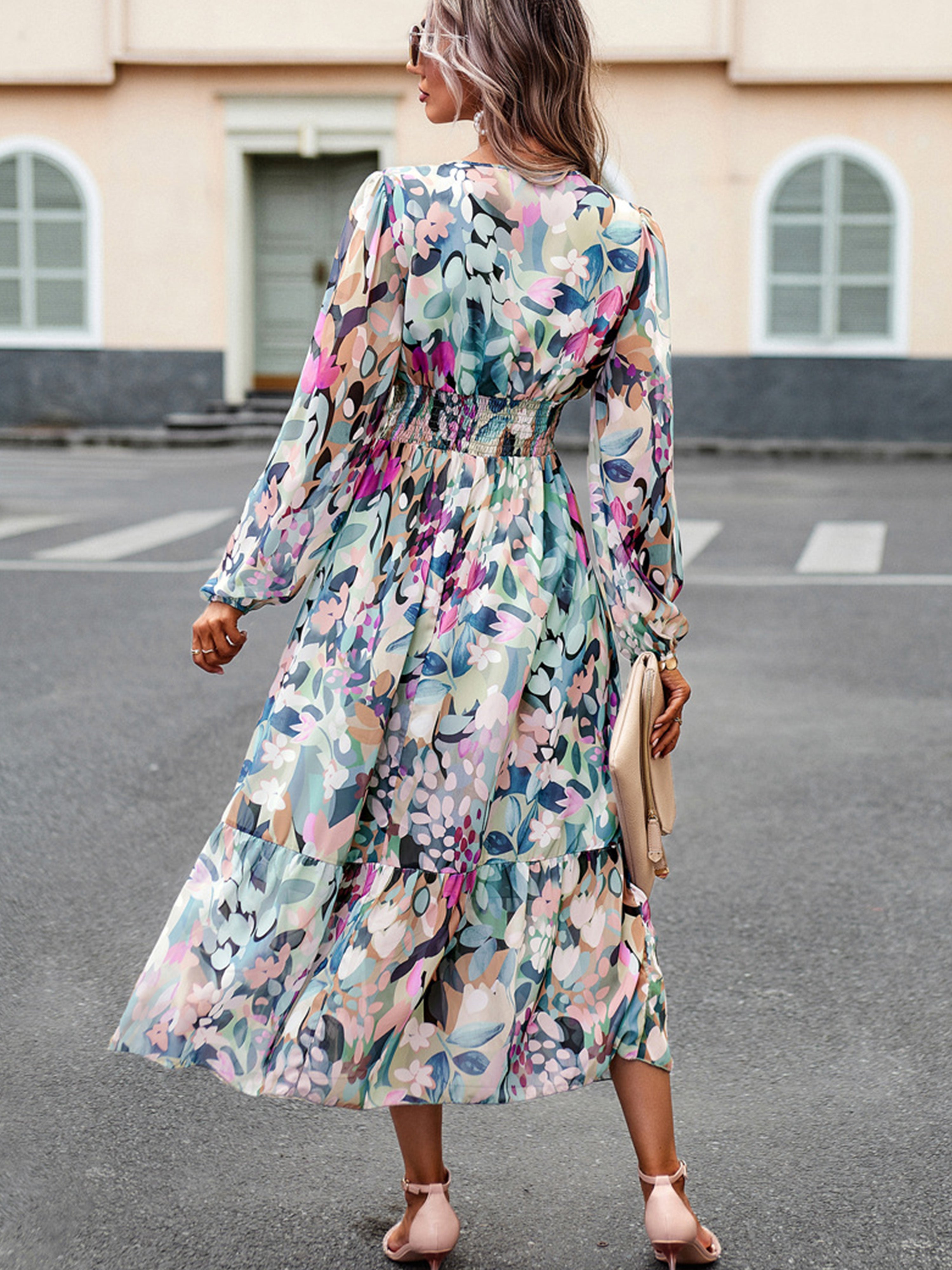 Elegant A Line V Neck Long Sleeves Floral Green Wedding Guest Dress