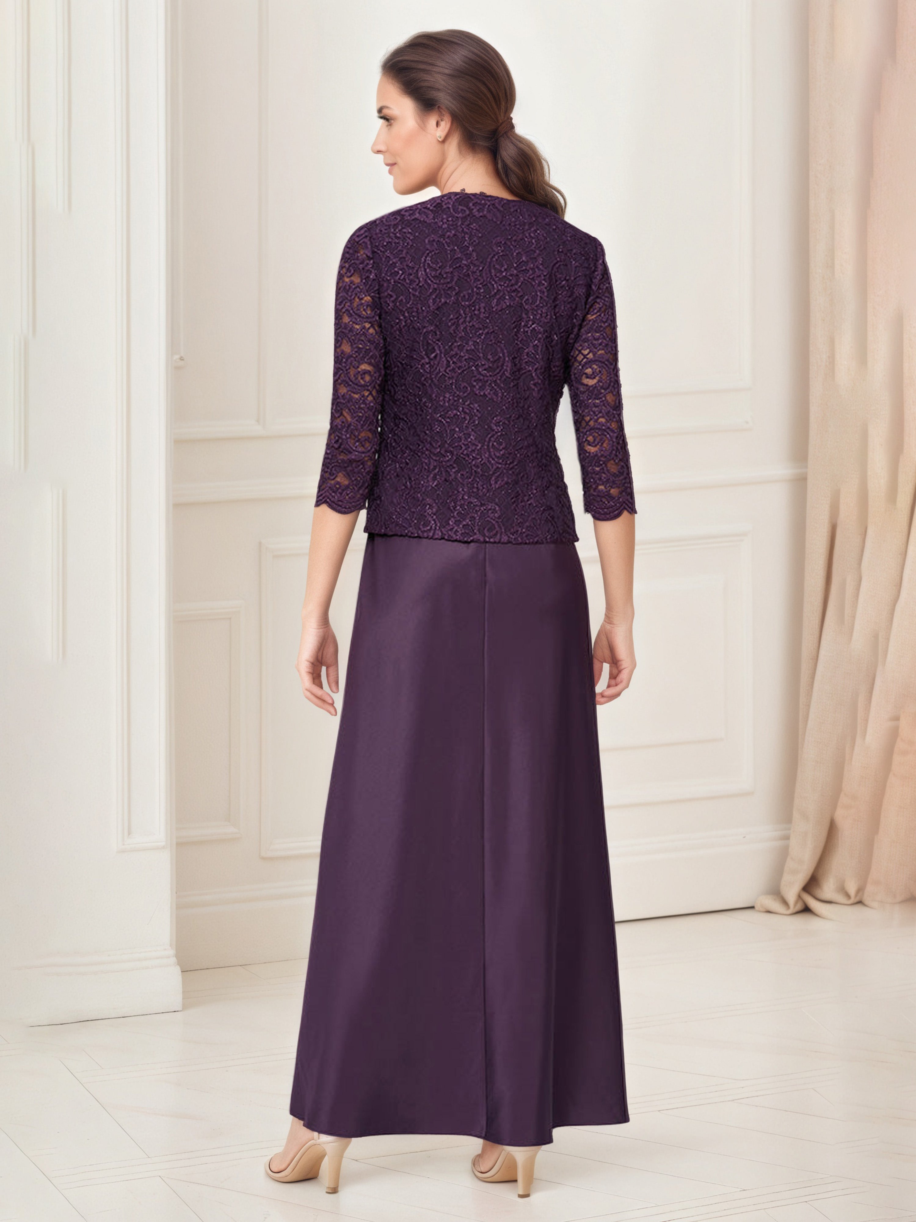 Glitter Lace Bodice Satin Aubergine Mother Of The Bride Dress with Lace Jacket