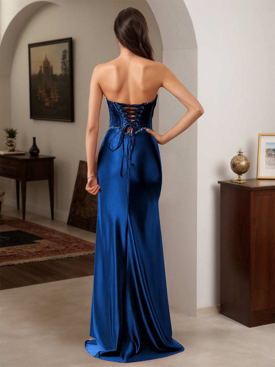 Cicinia Navy Blue Prom Dresses Sheath Beading Sweetheart Strapless Slit Party Gown