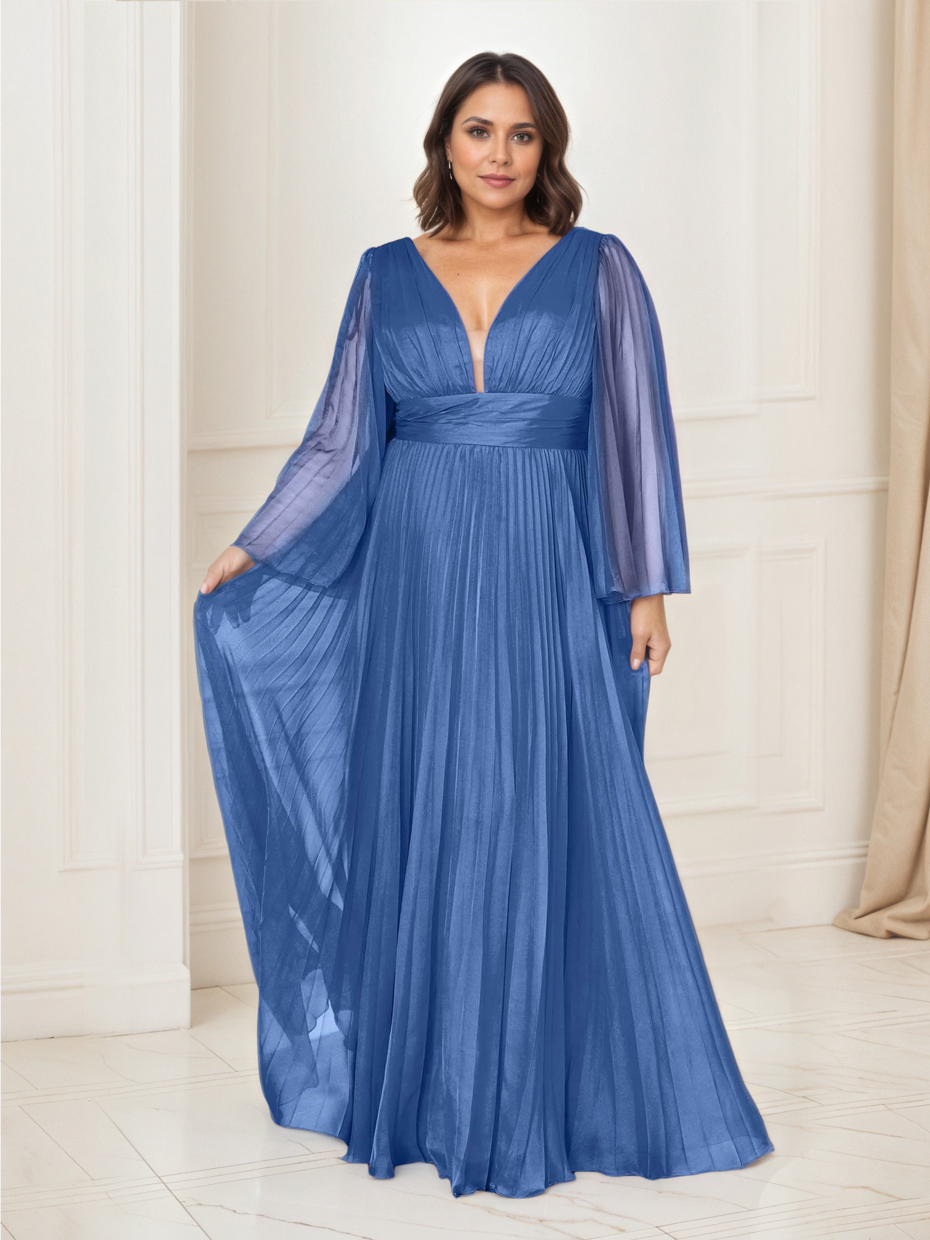 Chiffon Prom Dress Blue Pleated Long Sleeves A-Line Prom Dress