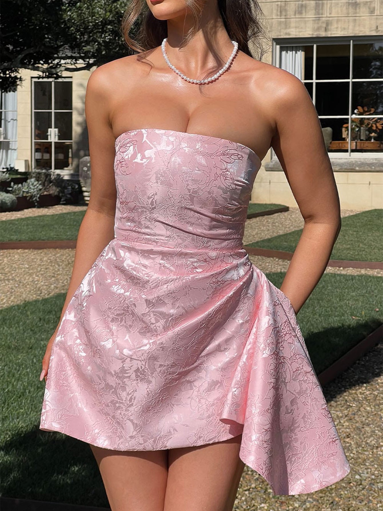 Strapless Dusty Rose Printed Mini Wedding Guest Dress with Ruffle Side Strapless Dusty Rose Printed Mini Wedding Guest Dress with Ruffle Side