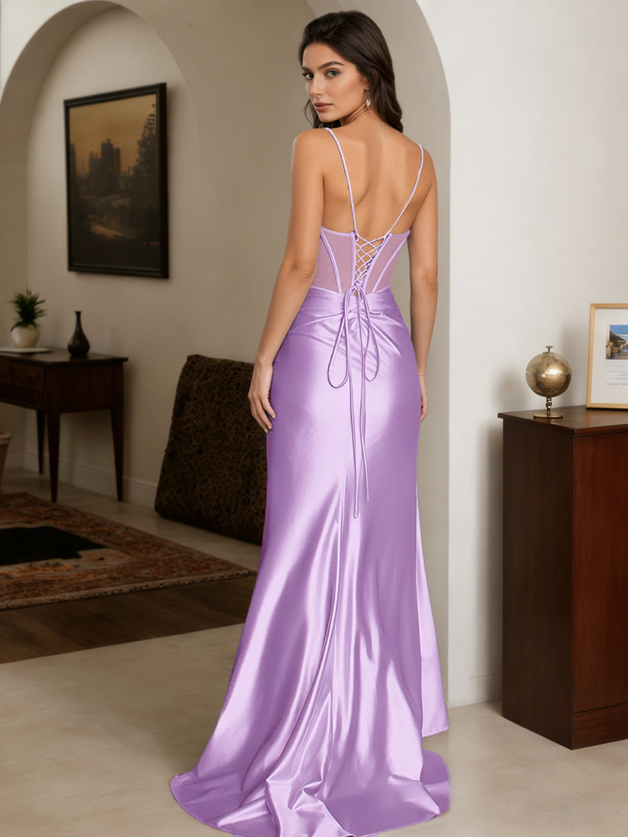 Cicinia Lilac Prom Dresses Stretch Satin Sheath Spaghetti Straps Beading Evening Dress with Slit