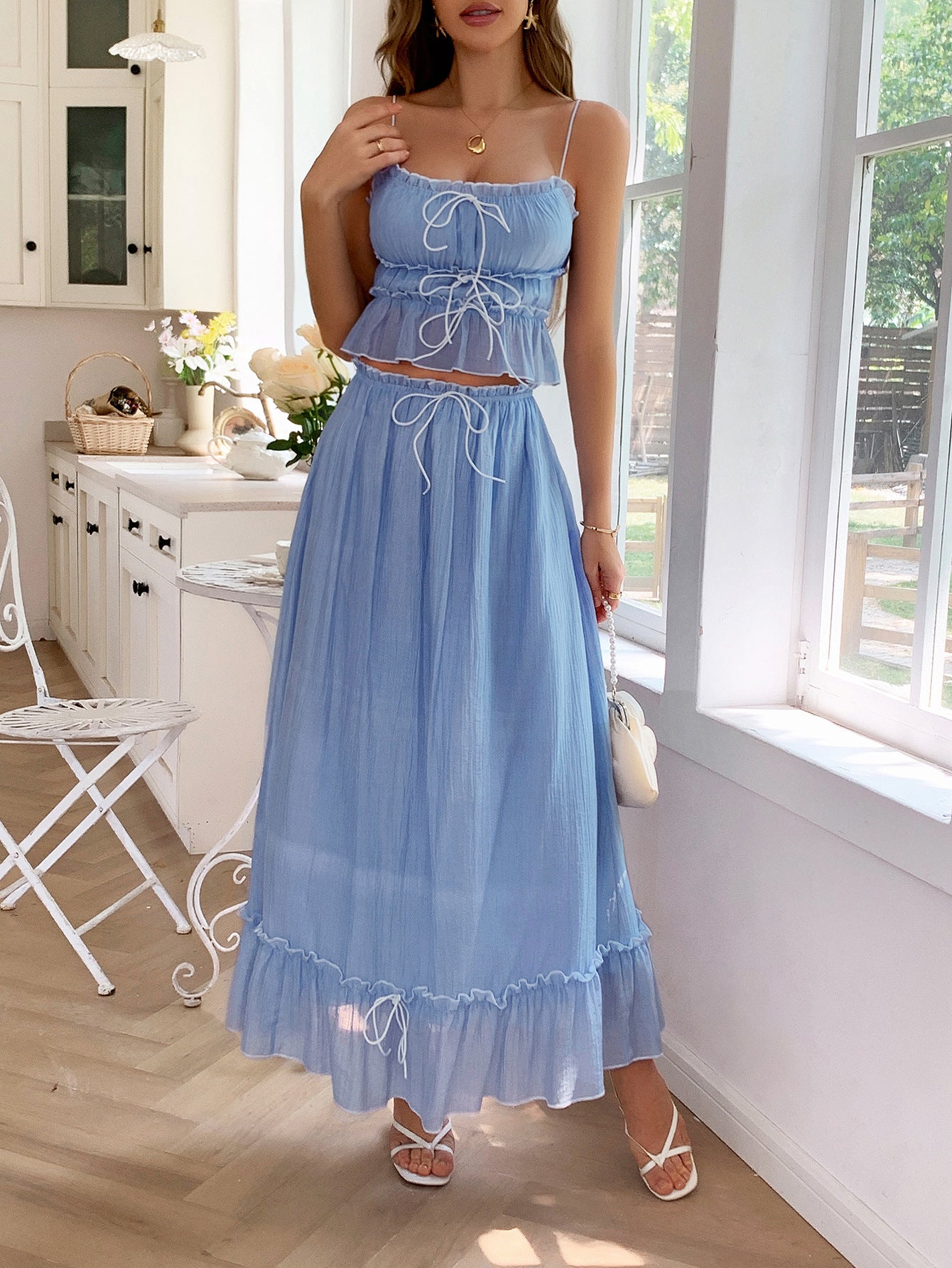 2 Pieces Spaghetti Straps Ruffle Bodice Blue Wedding Guest Dress 2 Pieces Spaghetti Straps Ruffle Bodice Blue Wedding Guest Dress