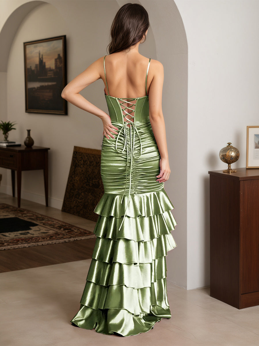 Cicinia Dusty Sage Prom Dresses Stretch Satin Trumpet/Mermaid Layers Spaghetti Straps Gowns