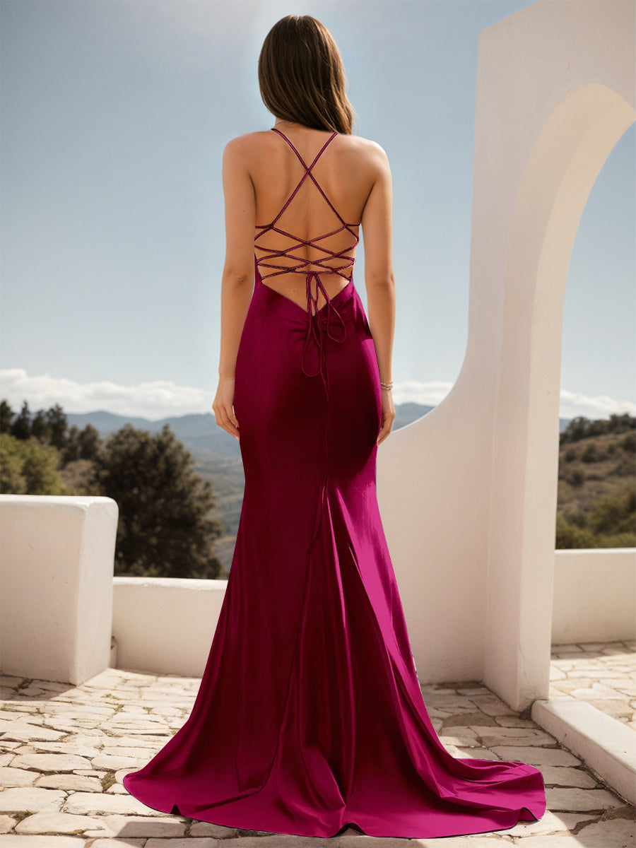 Cicinia Burgundy Prom Dresses Stretch Fabric Backless Trumpet/Mermaid Spaghetti Straps Sweep Train Prom