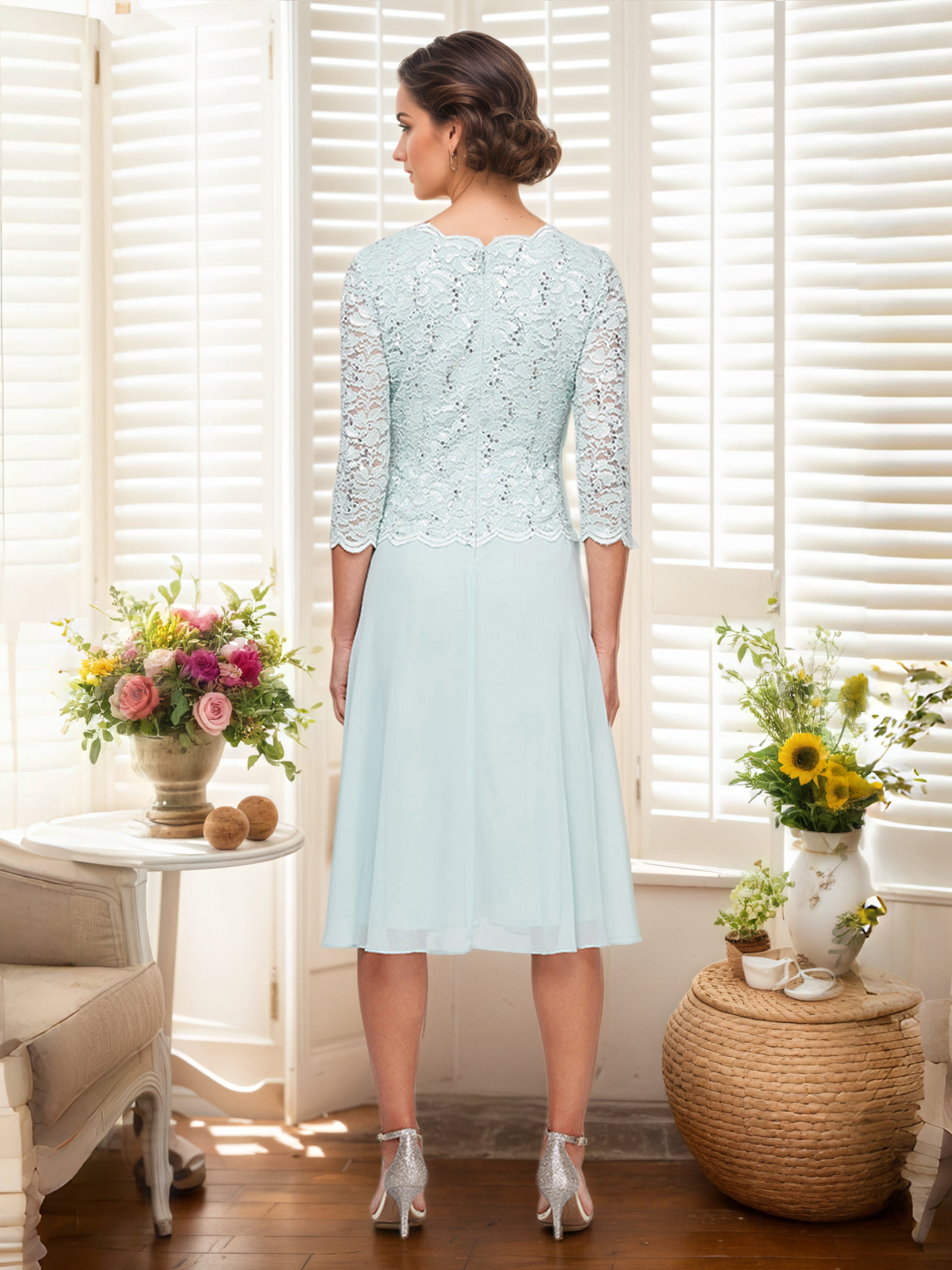 Mist Petite Tea-Length Mother Of The Bride Dress with Sequin Lace Bodice & Chiffon Skirt