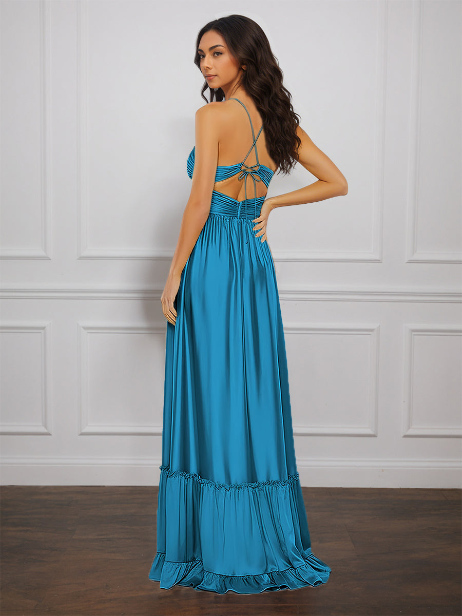Cicinia Ink Blue Prom Dress with Spaghetti Straps Ruched Satin A-Line Formal Evening Gowns