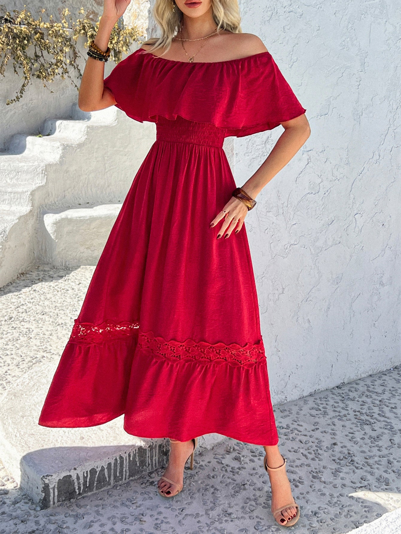 One Shoulder Short Sleeves Red Ruffle Bodice Wedding Guest Dress