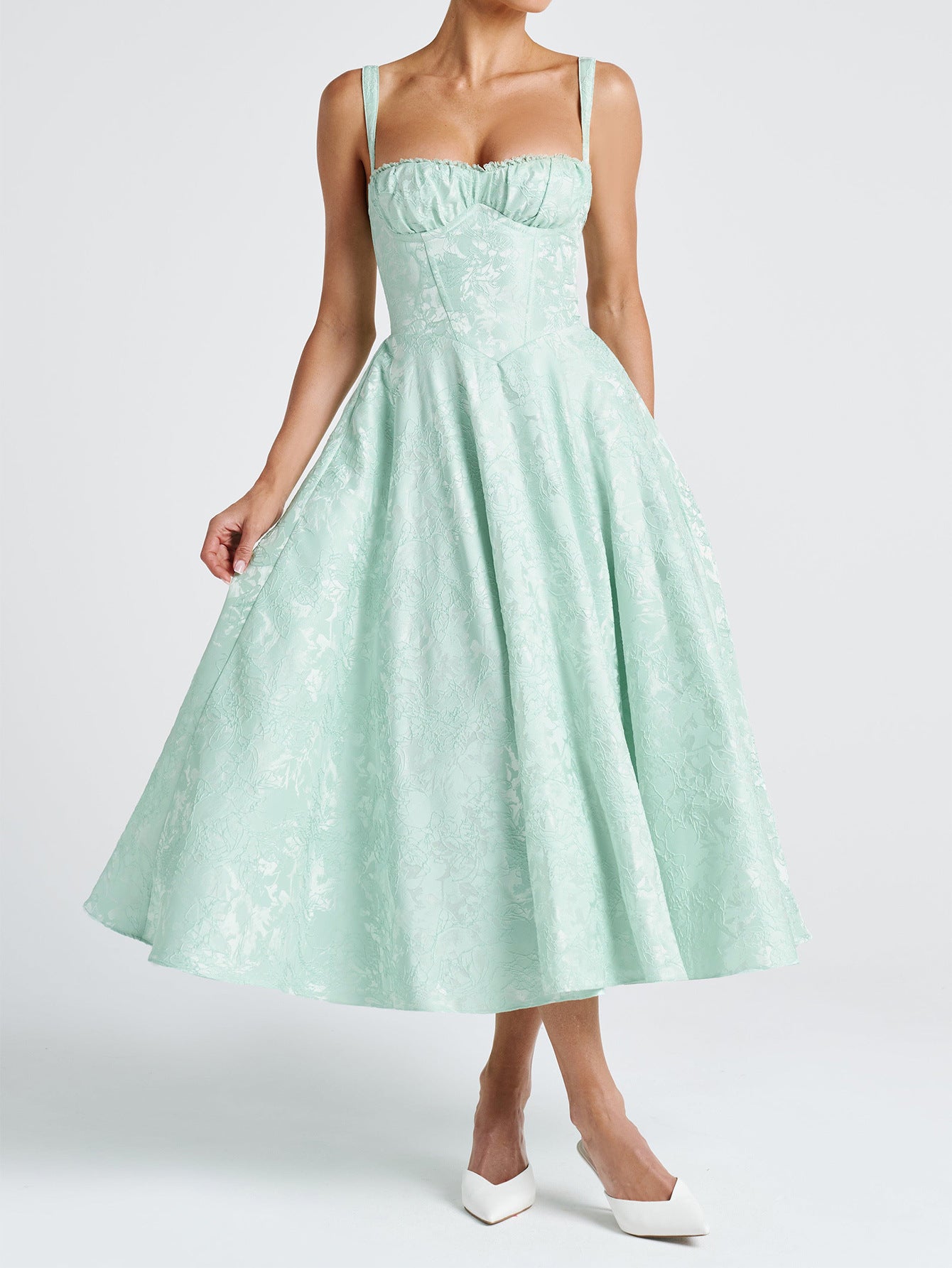 Elegant Straps Illusion Neckline Mint Green Floral Wedding Guest Dress