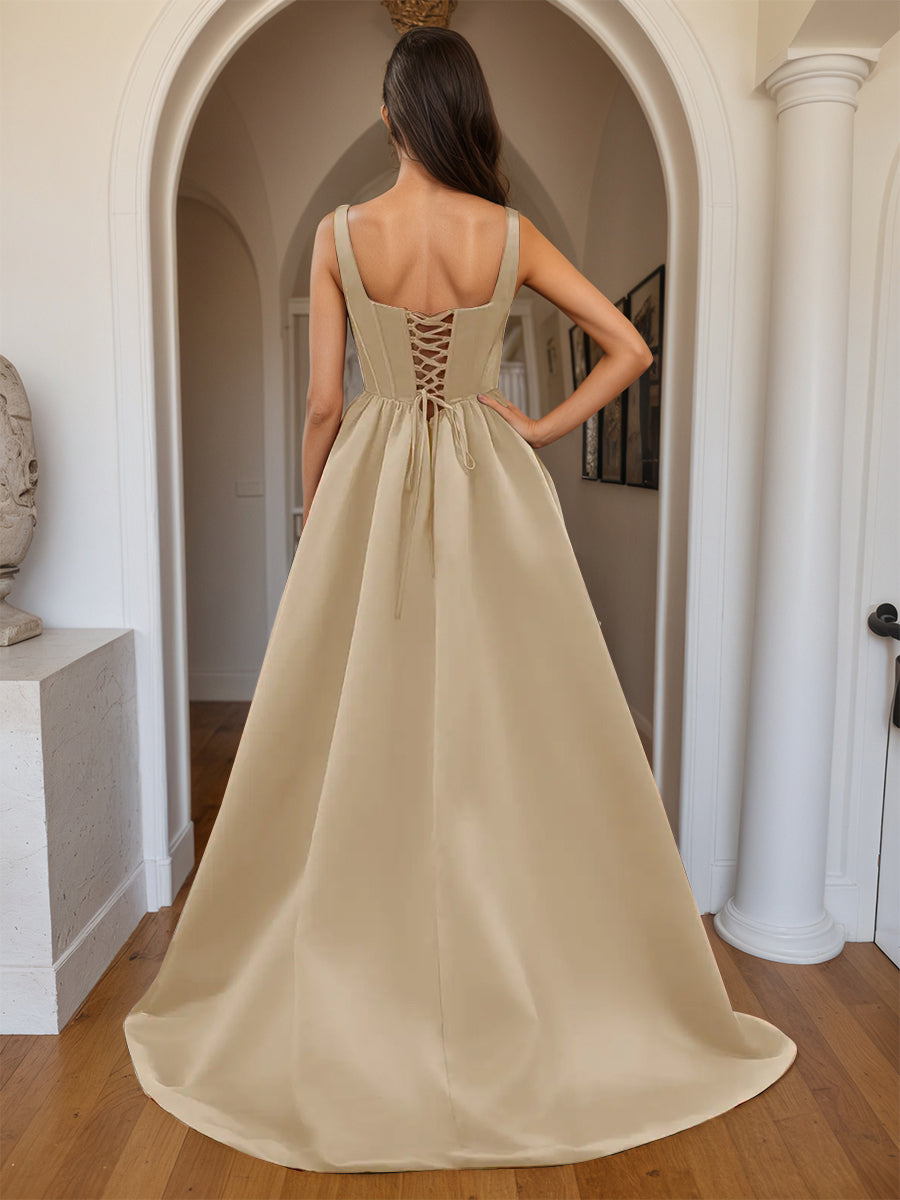 Cicinia Champagne Prom Dresses Satin A-Line with Square Neckline Split Party Gowns