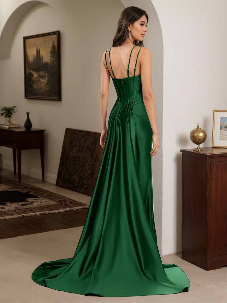 Cicinia Dark Green Prom Dresses Sheath Spaghetti Straps Beading Evening Dress with Split