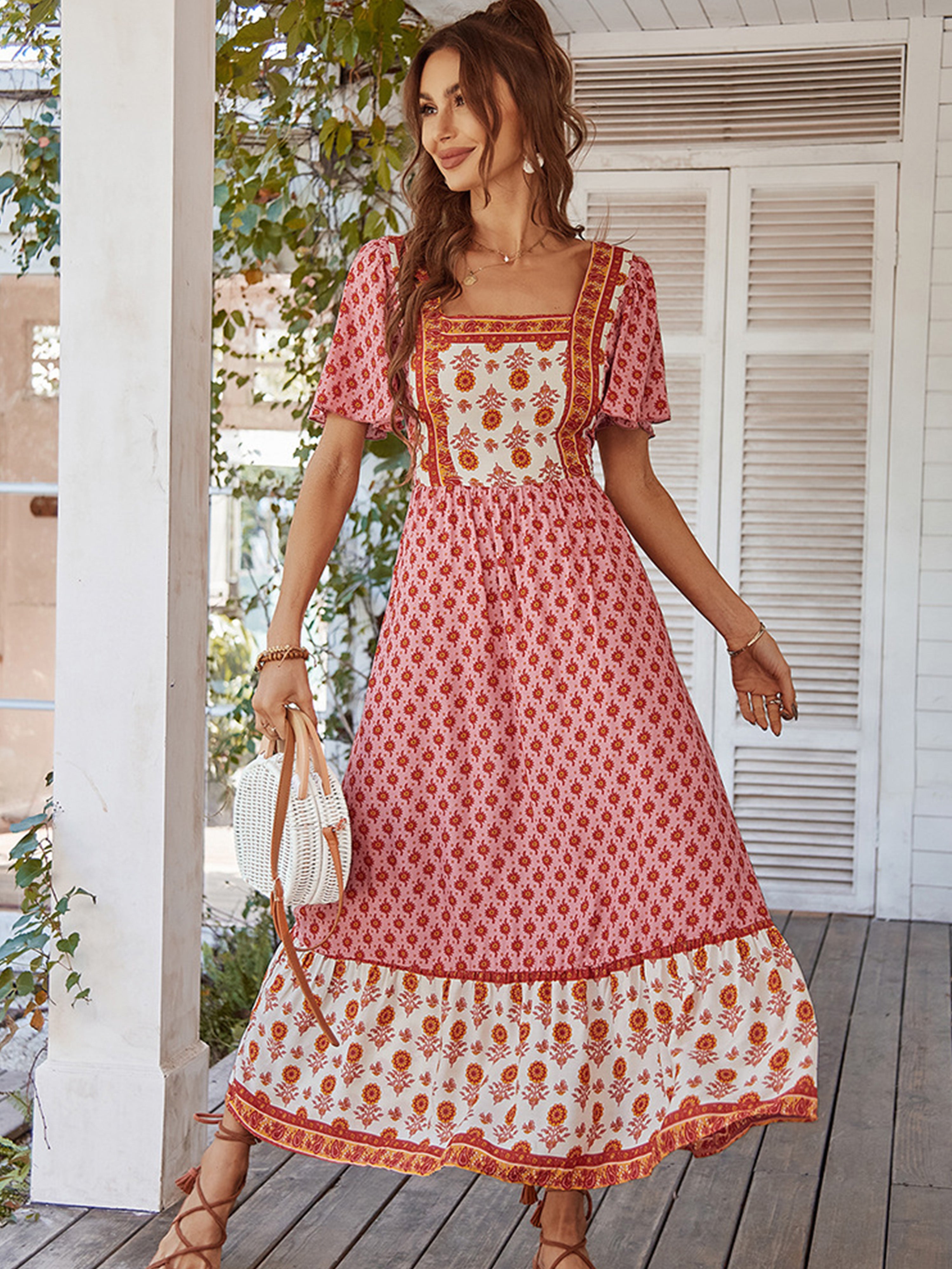 Pink Floral Square Neckline Short Sleeves Pink Ankle Length Wedding Guest Dress