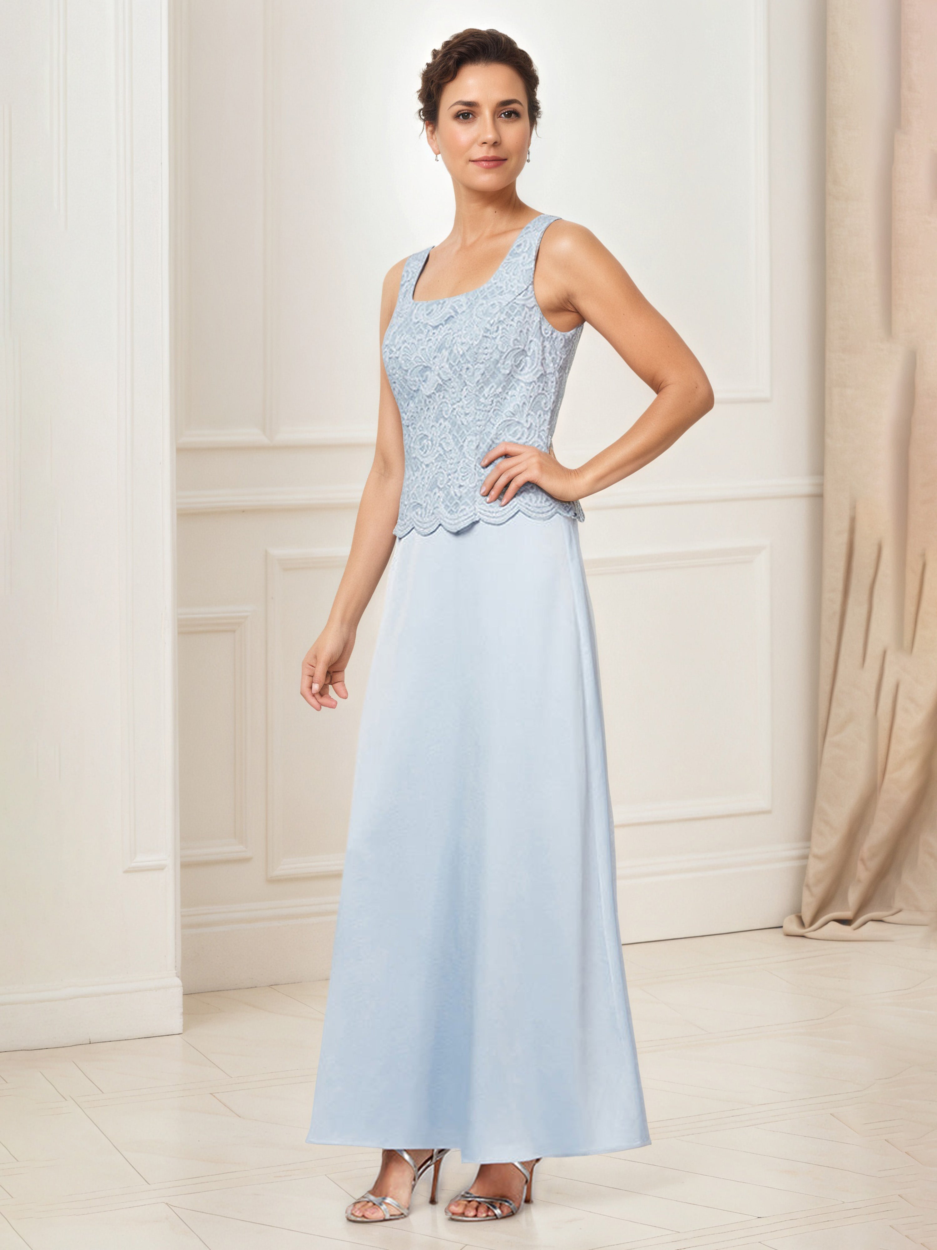 Glitter Lace Bodice Satin Sky Blue Mother Of The Bride Dress with Lace
