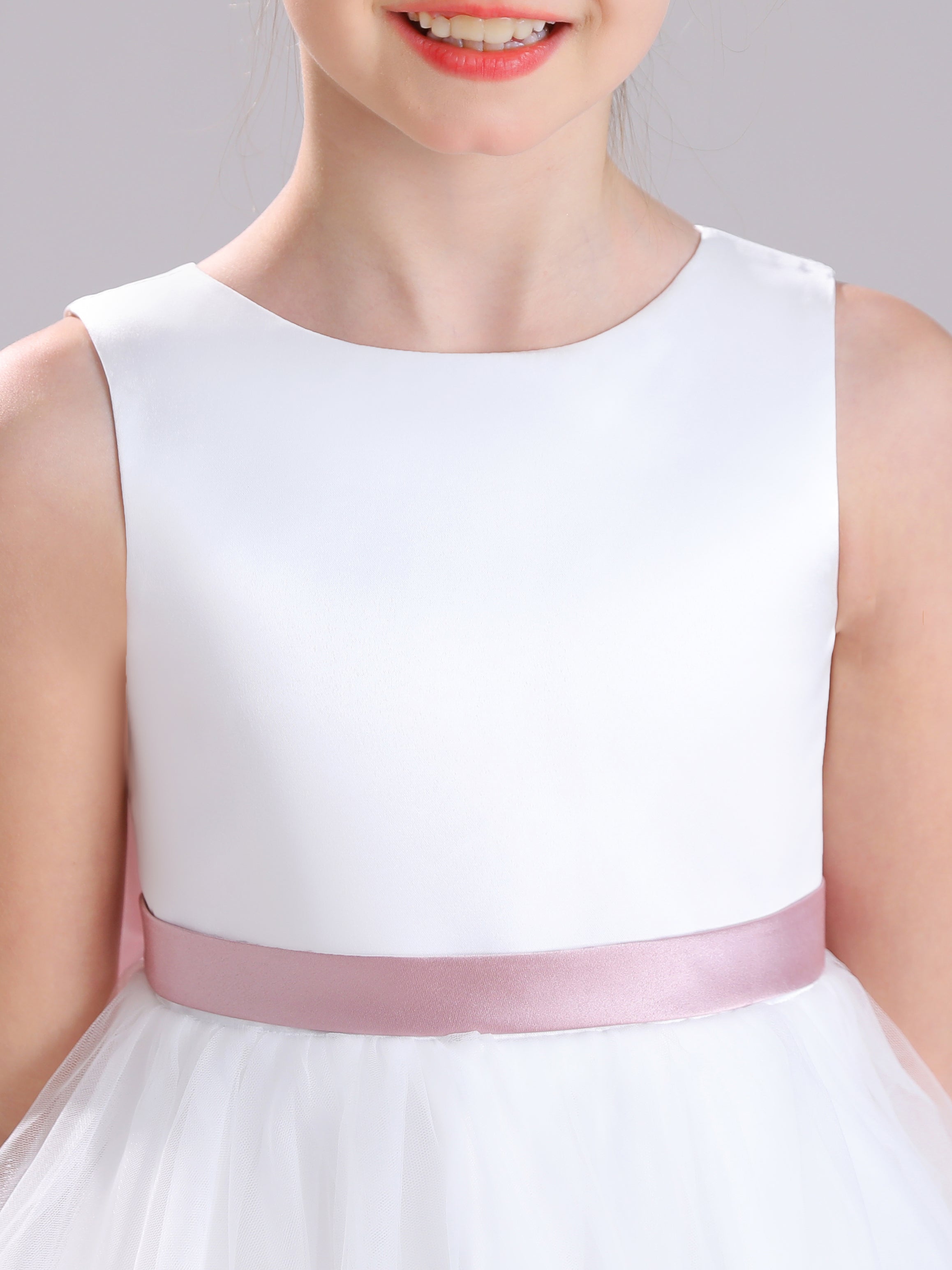A-Line Round Neck Sleeveless Tea Length Satin Flower Girl Dress With Bowknot