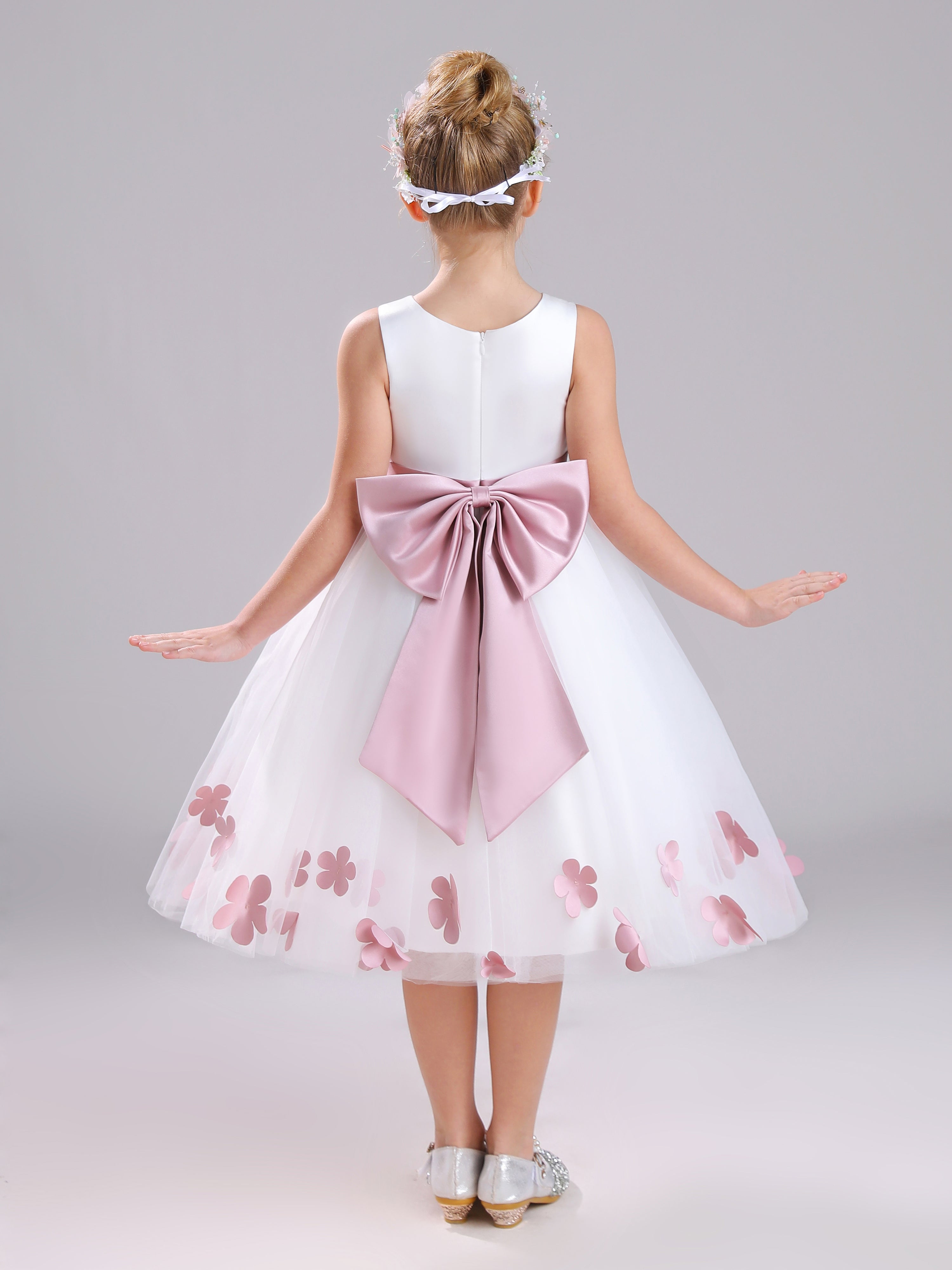 A-Line Round Neck Sleeveless Tea Length Satin Flower Girl Dress With Bowknot