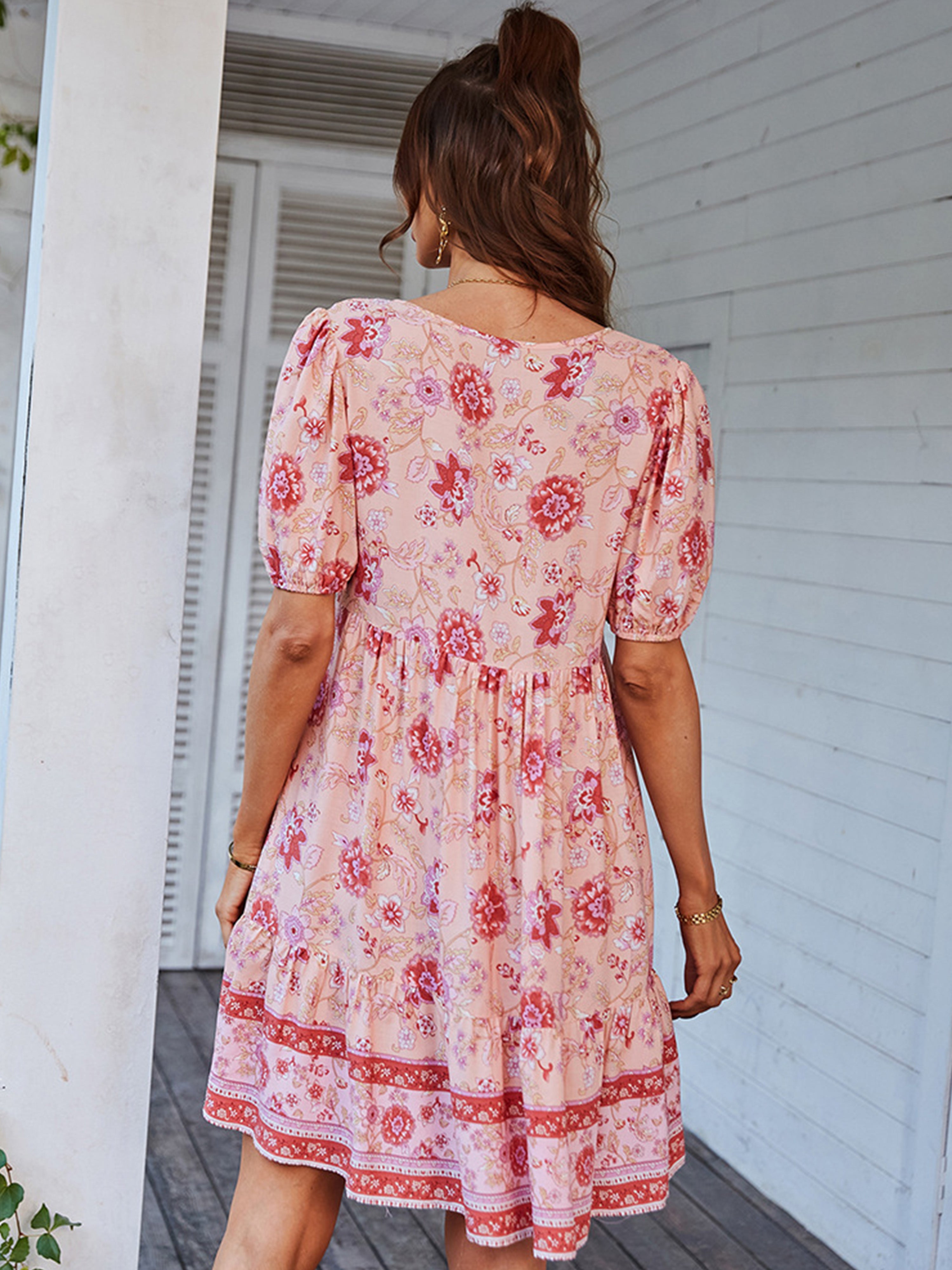 Pink V Neck Casual Boho Short Sleeves Wedding Guest Dress