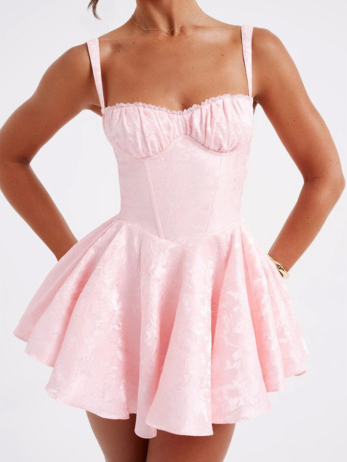 Blush Pink Floral Straps Mini Dress Square Neckline Sleeveless Wedding Guest Dress with Bowknot