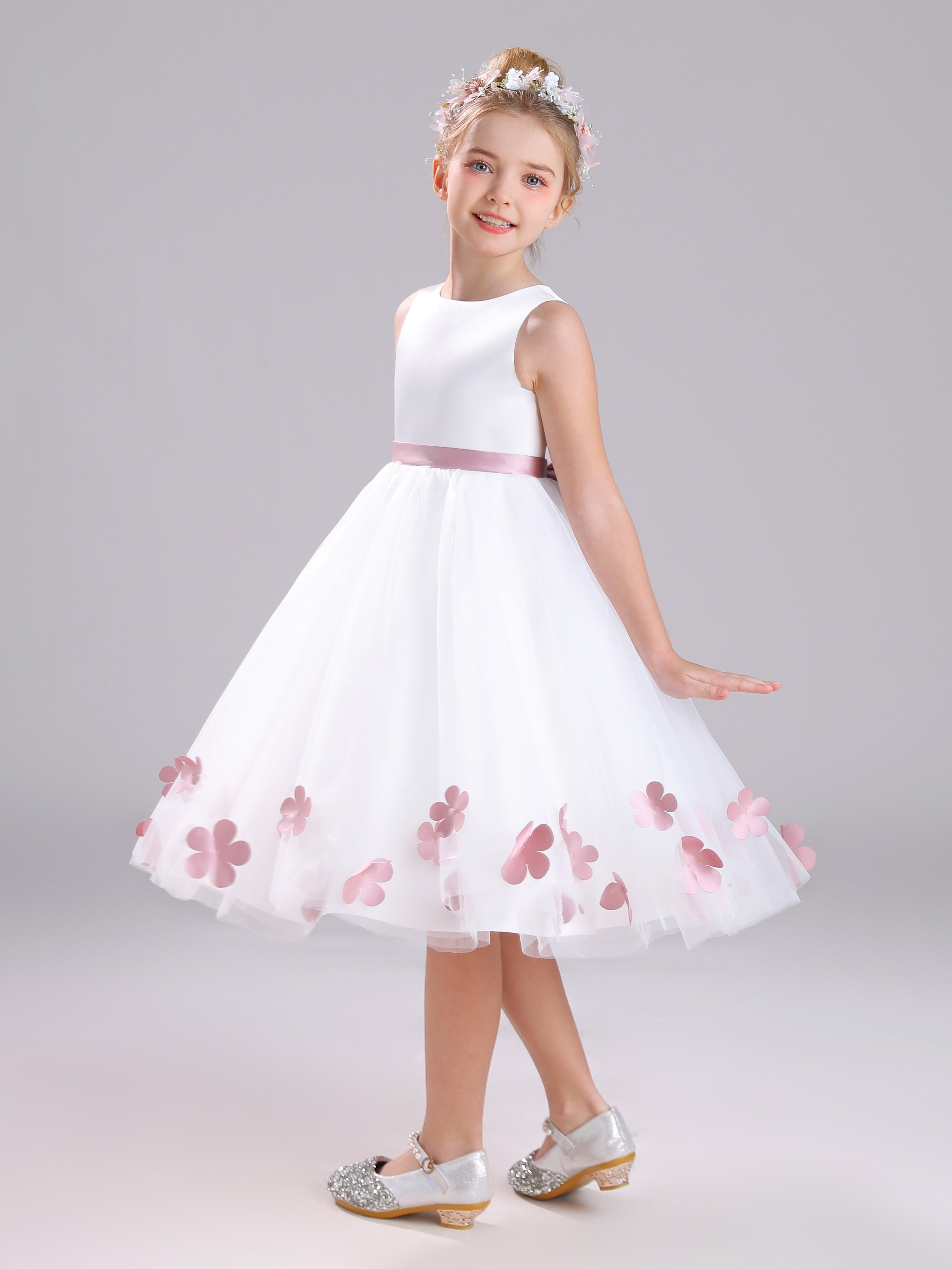 A-Line Round Neck Sleeveless Tea Length Satin Flower Girl Dress With Bowknot
