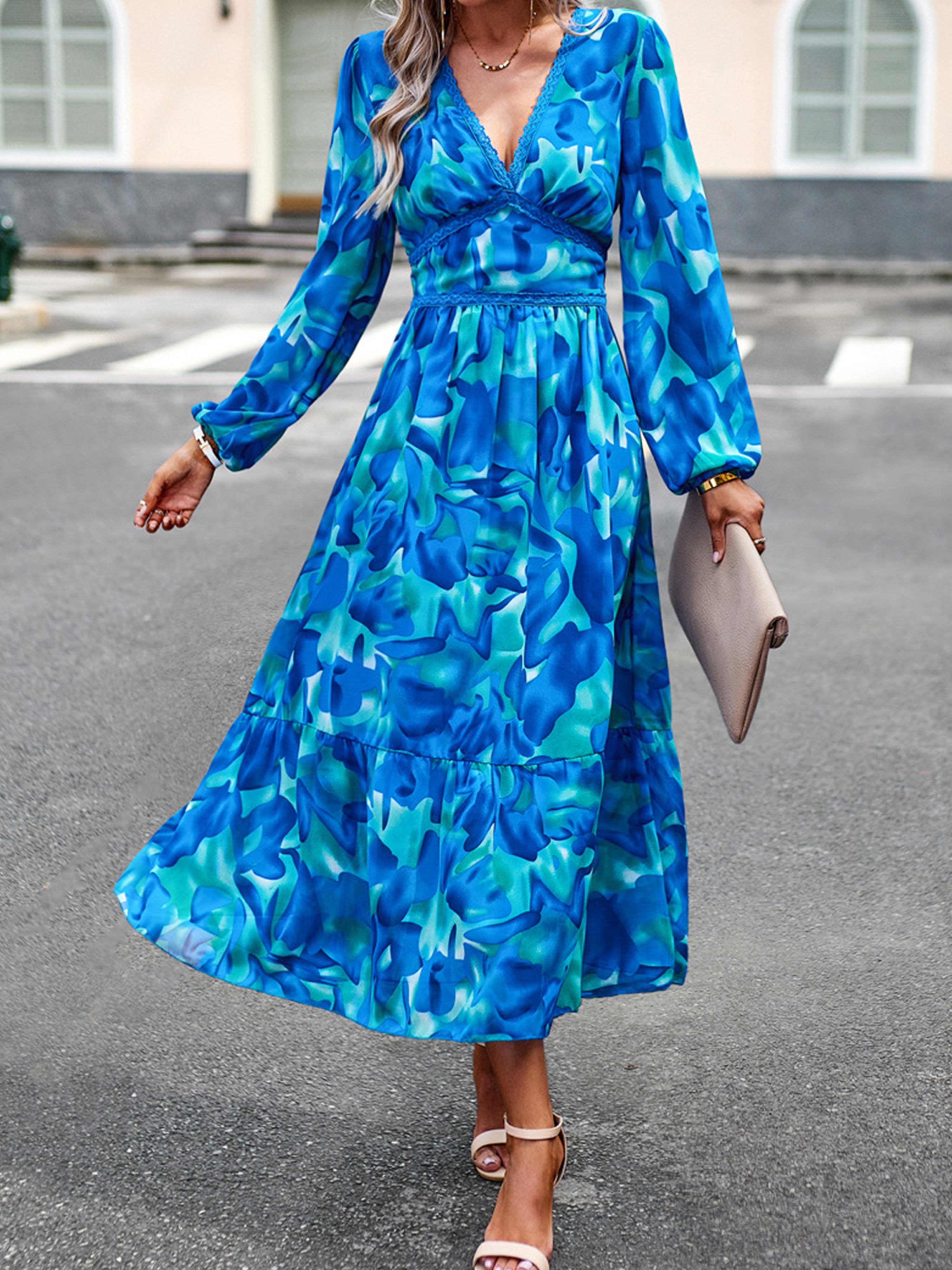 Elegant A Line V Neck Long Sleeves Floral Blue Wedding Guest Dress