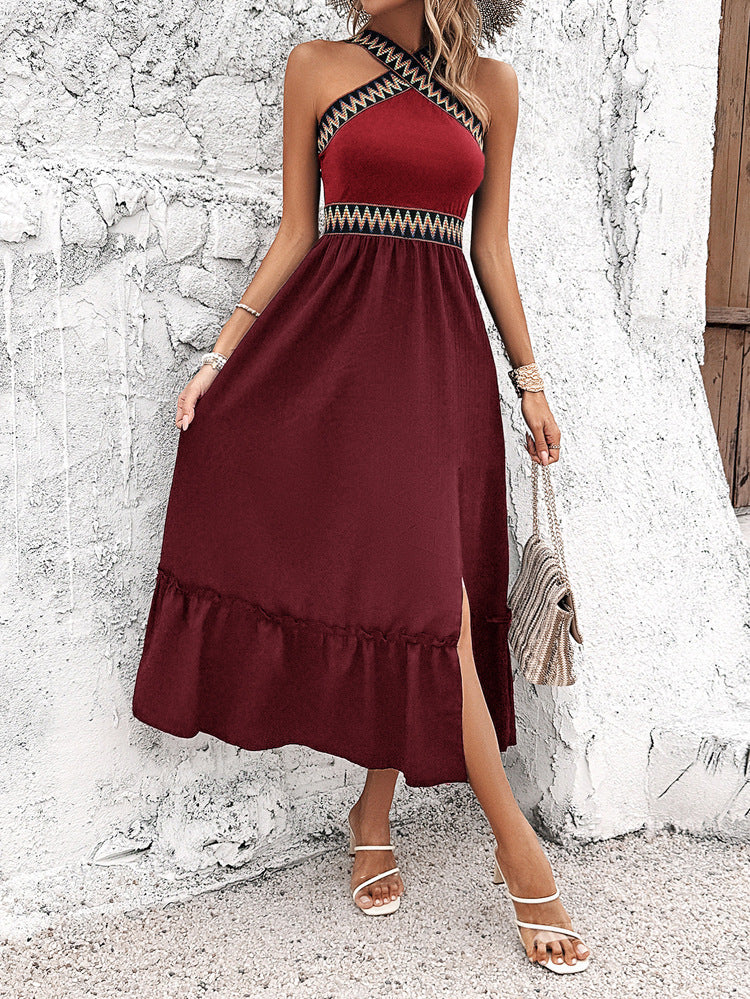Boho Halter Sleeveless Burgundy Wedding Guest Dress with Split