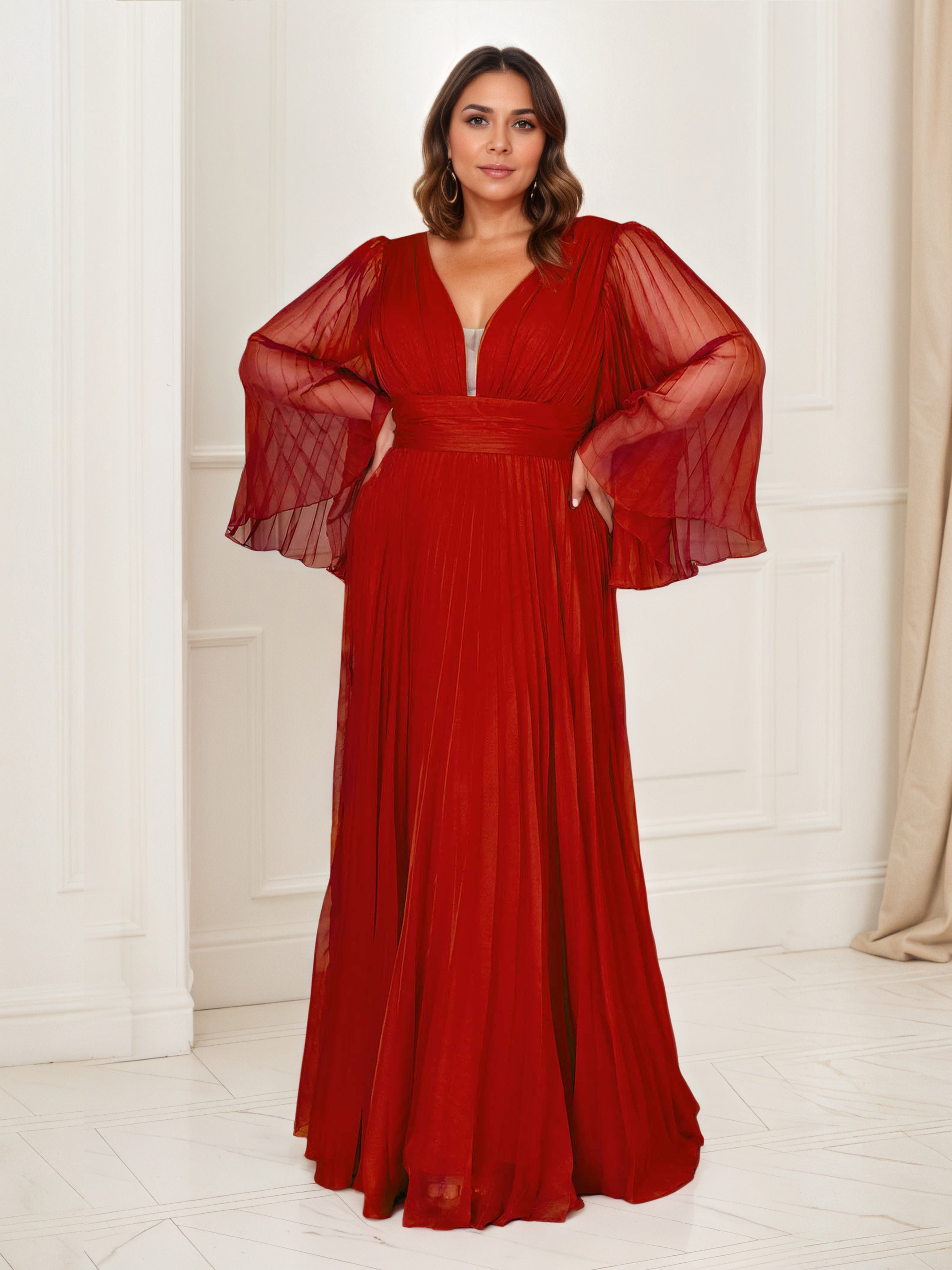 Chiffon Red Prom Dress UK Pleated Long Sleeves A-Line Prom Dress