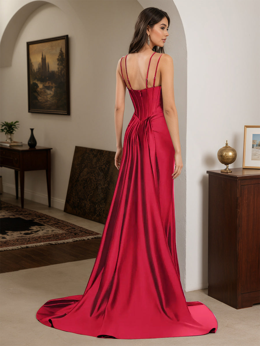 Cicinia Red Prom Dresses Sheath Spaghetti Straps Beading Evening Dress with Split
