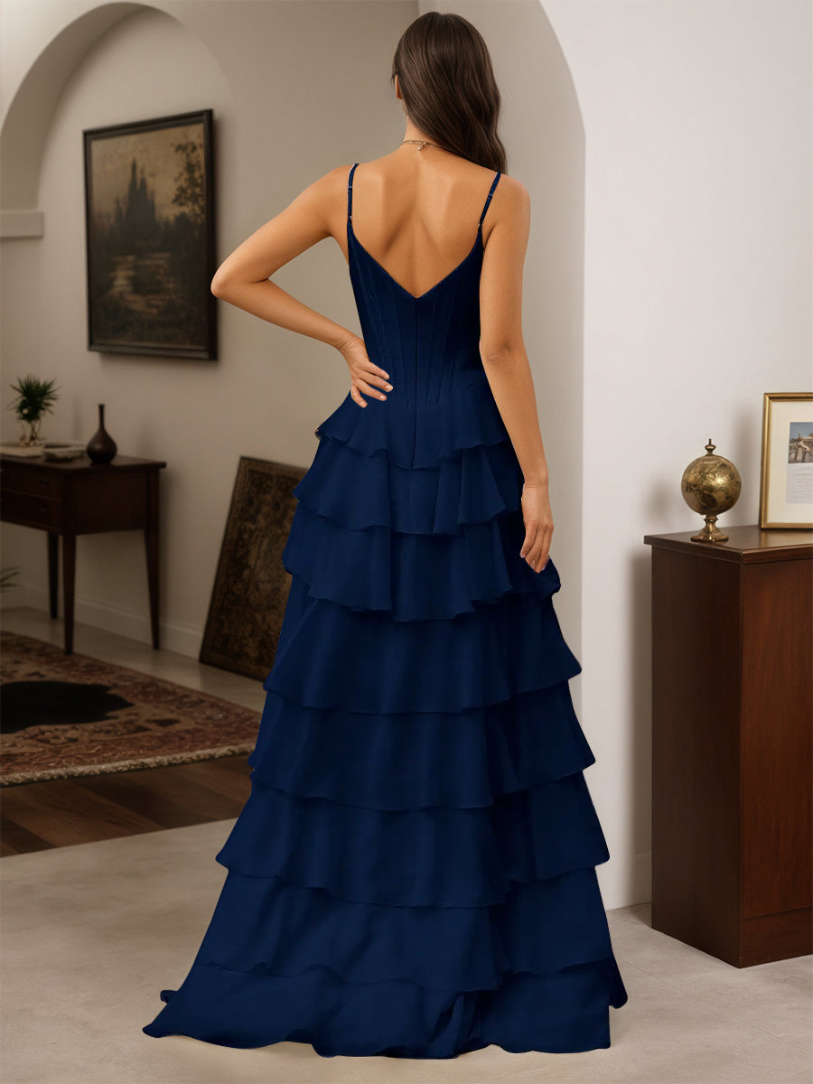 Cicinia Dark Navy Prom Dresses Spaghetti Straps A-Line Layers Floor Length with Split