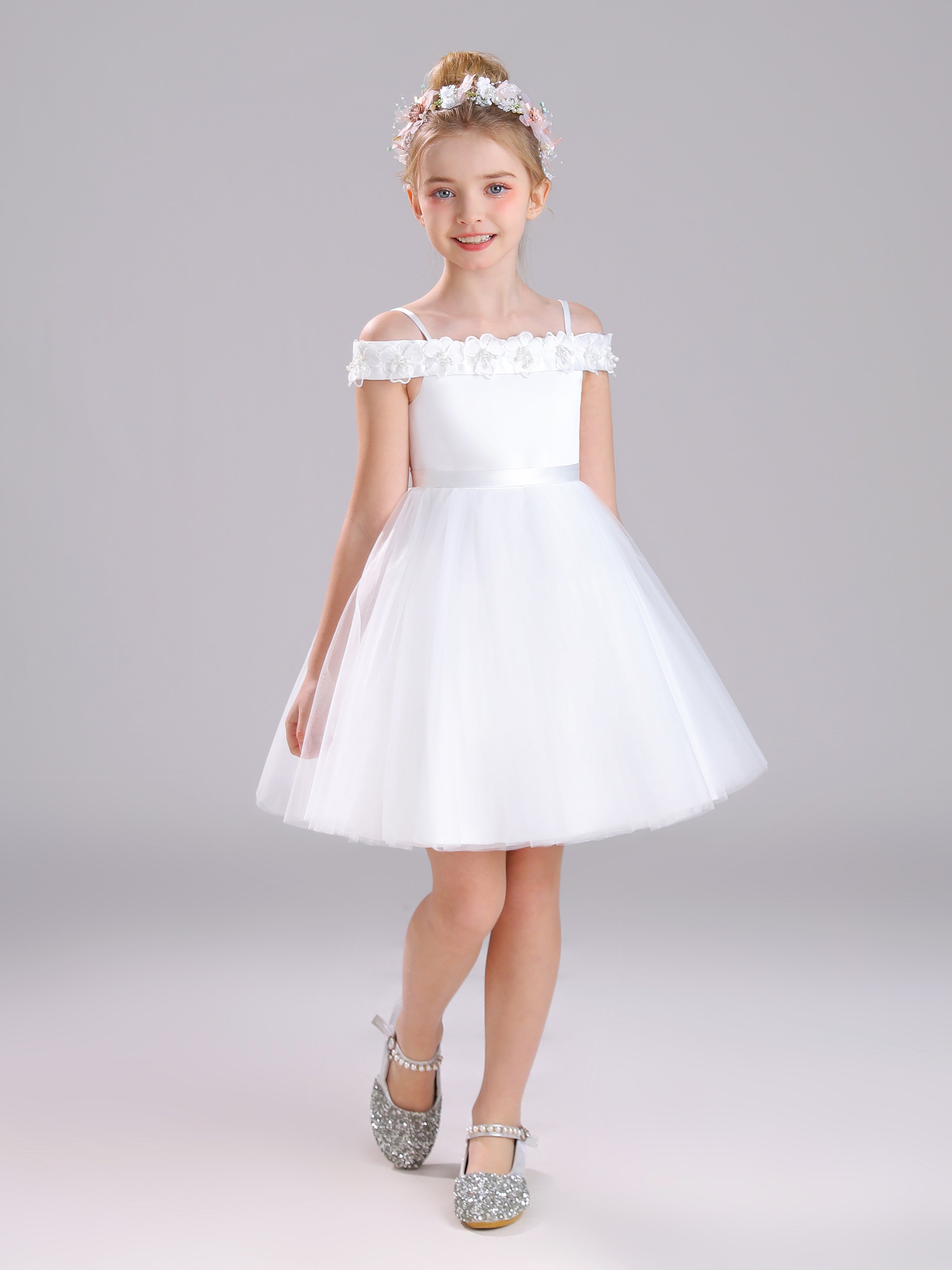 A-Line Off The Shoulder Knee Length Satin Flower Girl Dress A-Line Off The Shoulder Knee Length Satin Flower Girl Dress