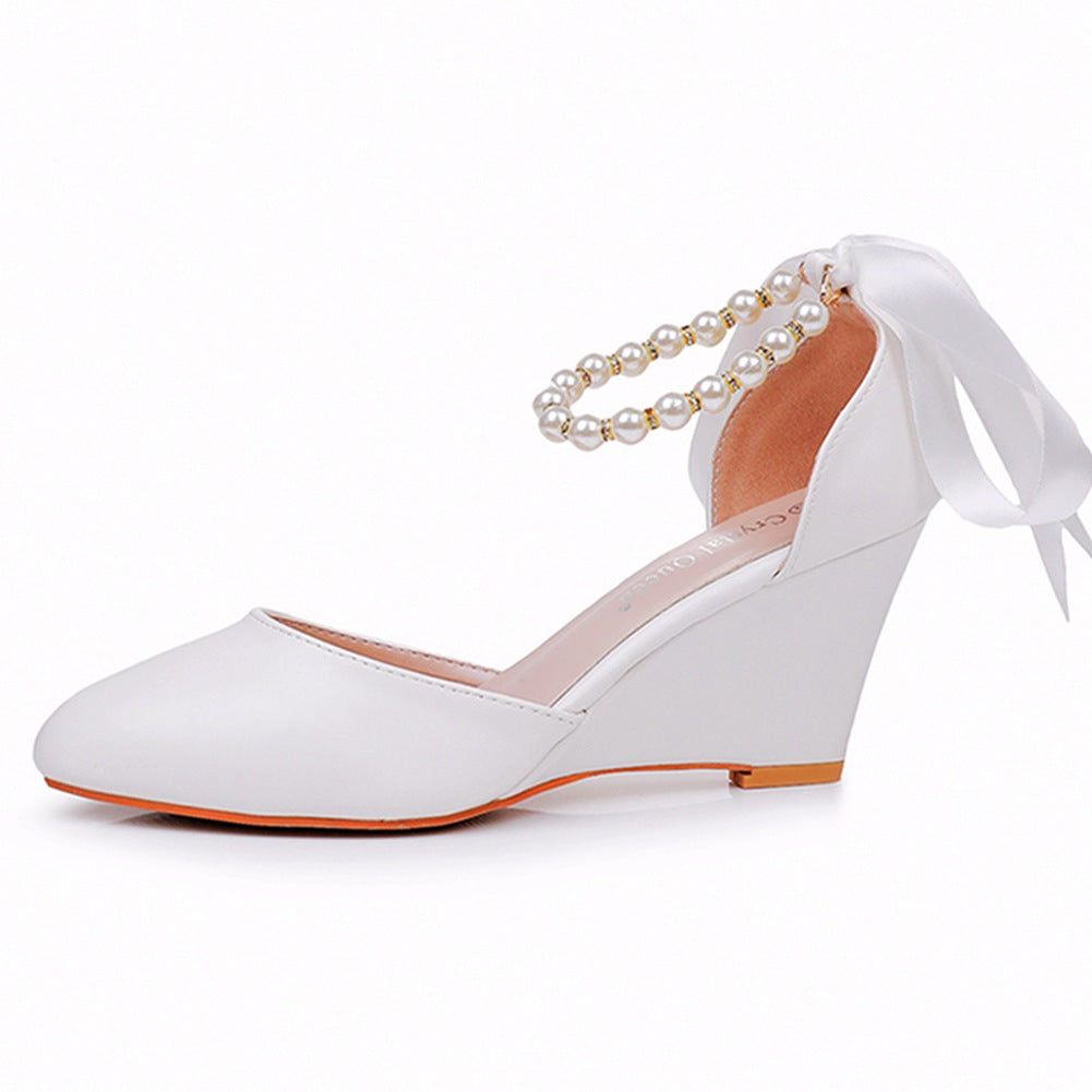 Chunky Heels Ribbons Pointed Toe Women's Wedding Shoes