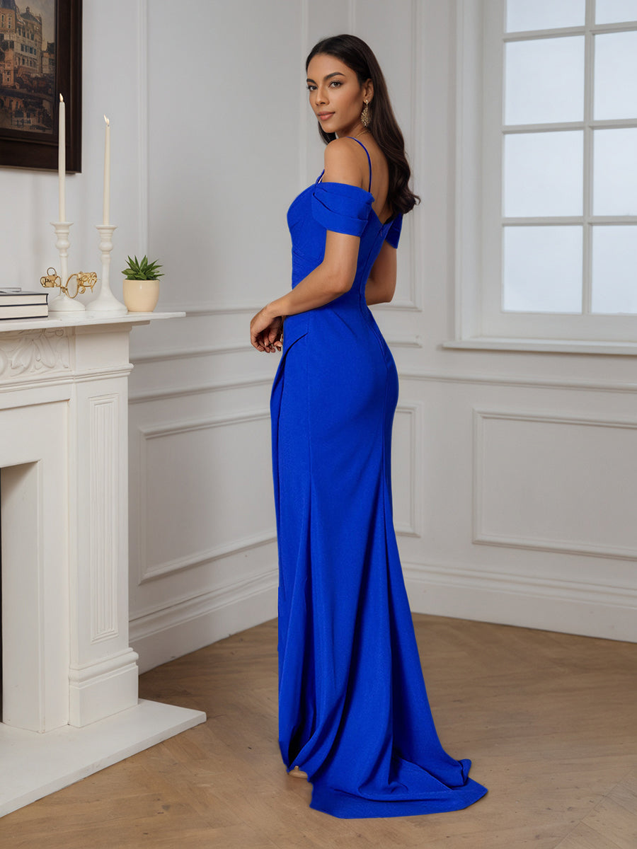 Cicinia Royal Blue Prom Dress Elegant Spaghetti Straps Sheath Long Slit Evening Gown