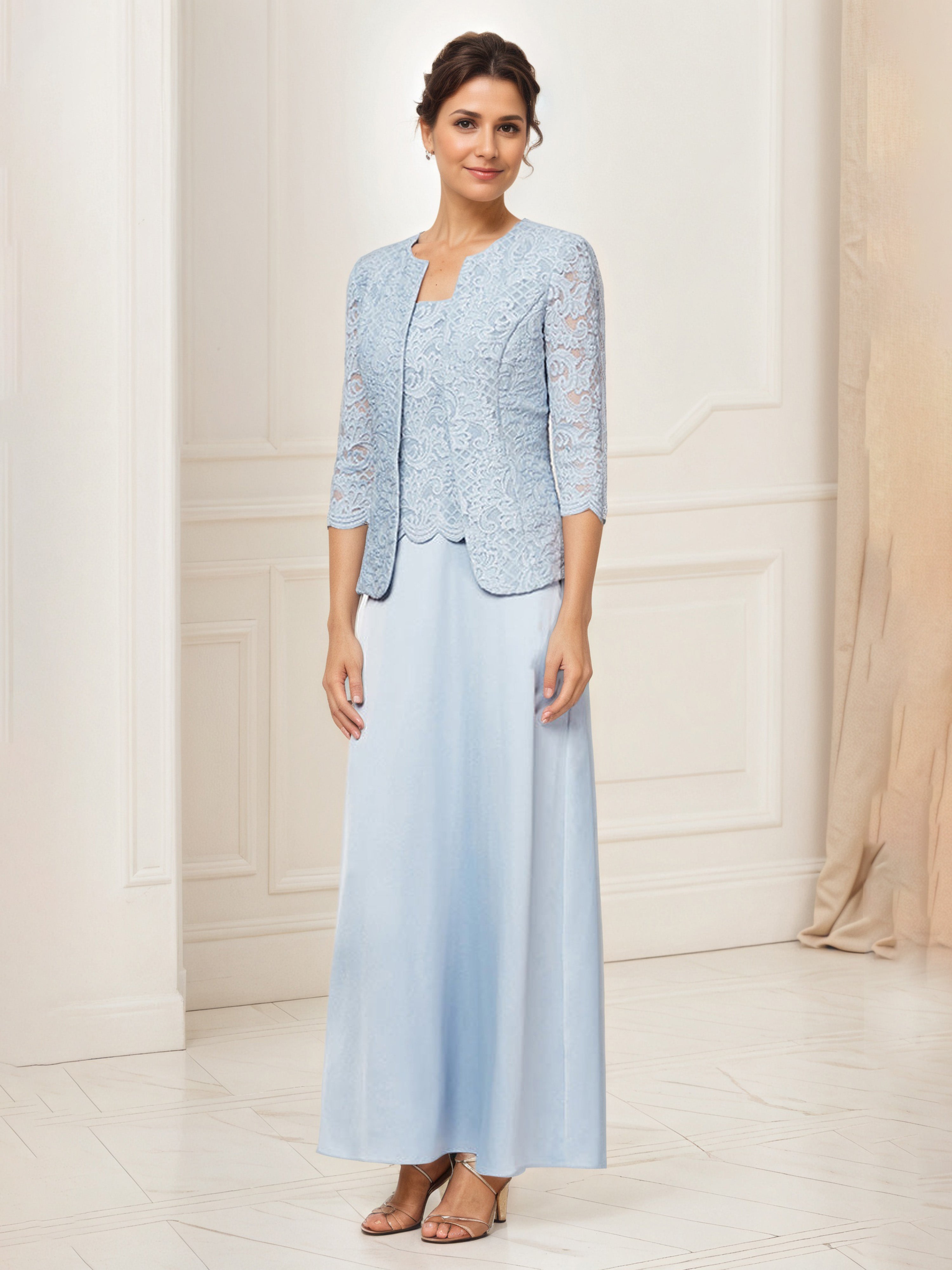Glitter Lace Bodice Satin Sky Blue Mother Of The Bride Dress with Lace Jacket